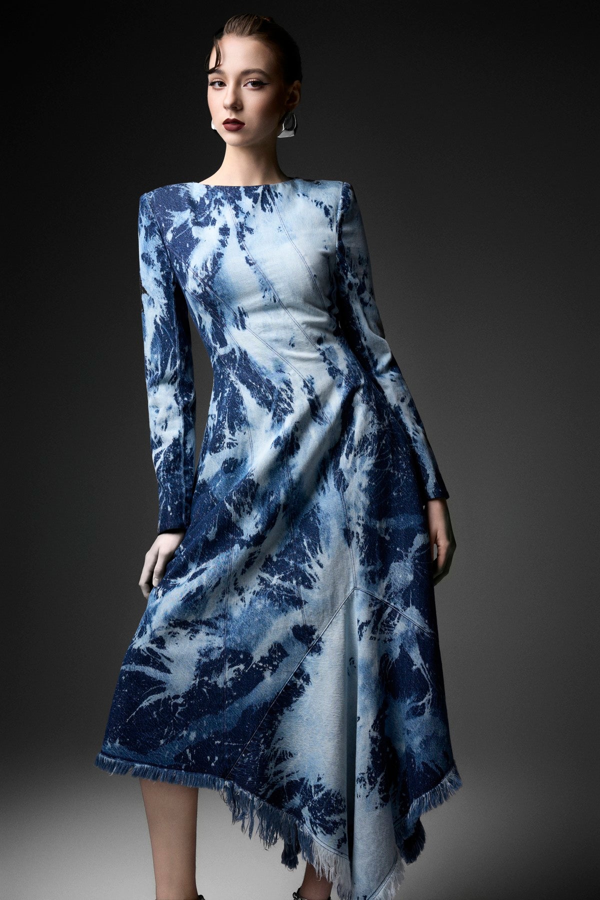 High-Low Marbling Wash Fringe Denim Long Sleeve Dress