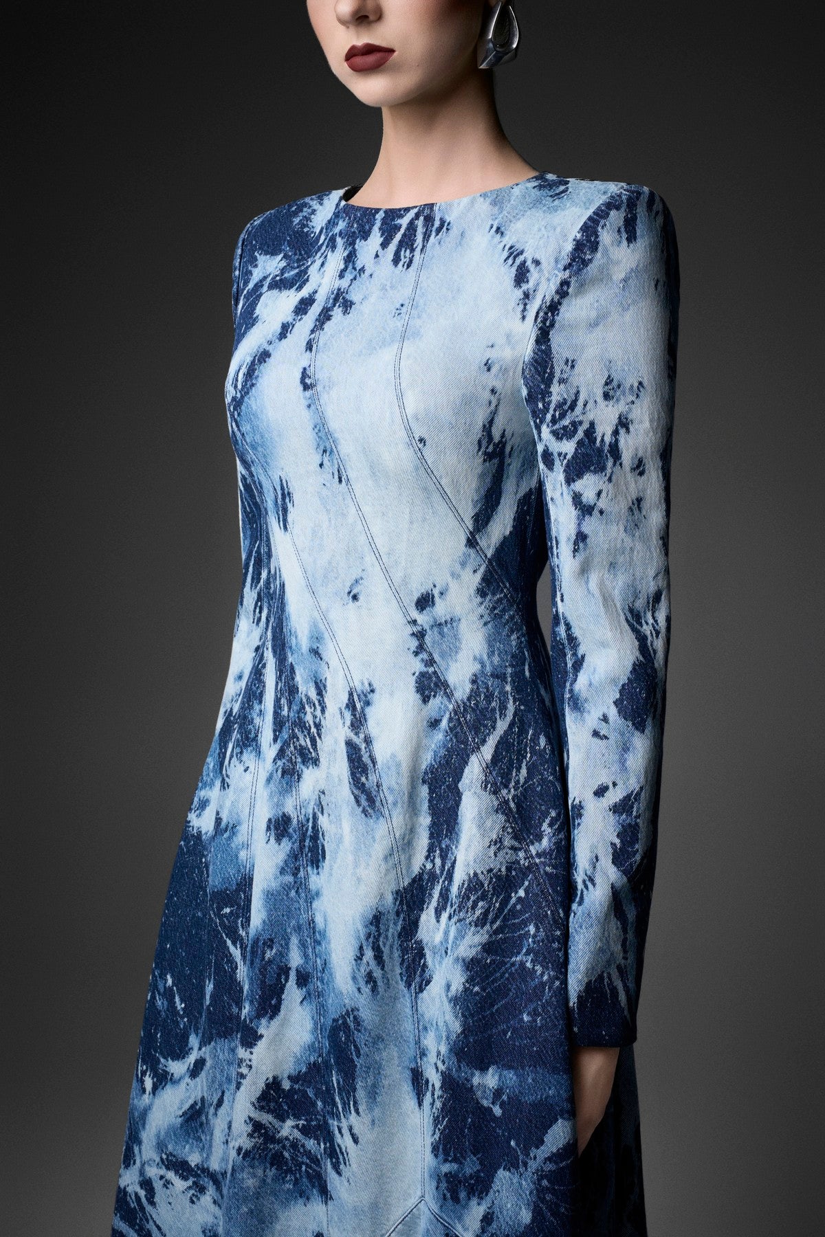 High-Low Marbling Wash Fringe Denim Long Sleeve Dress