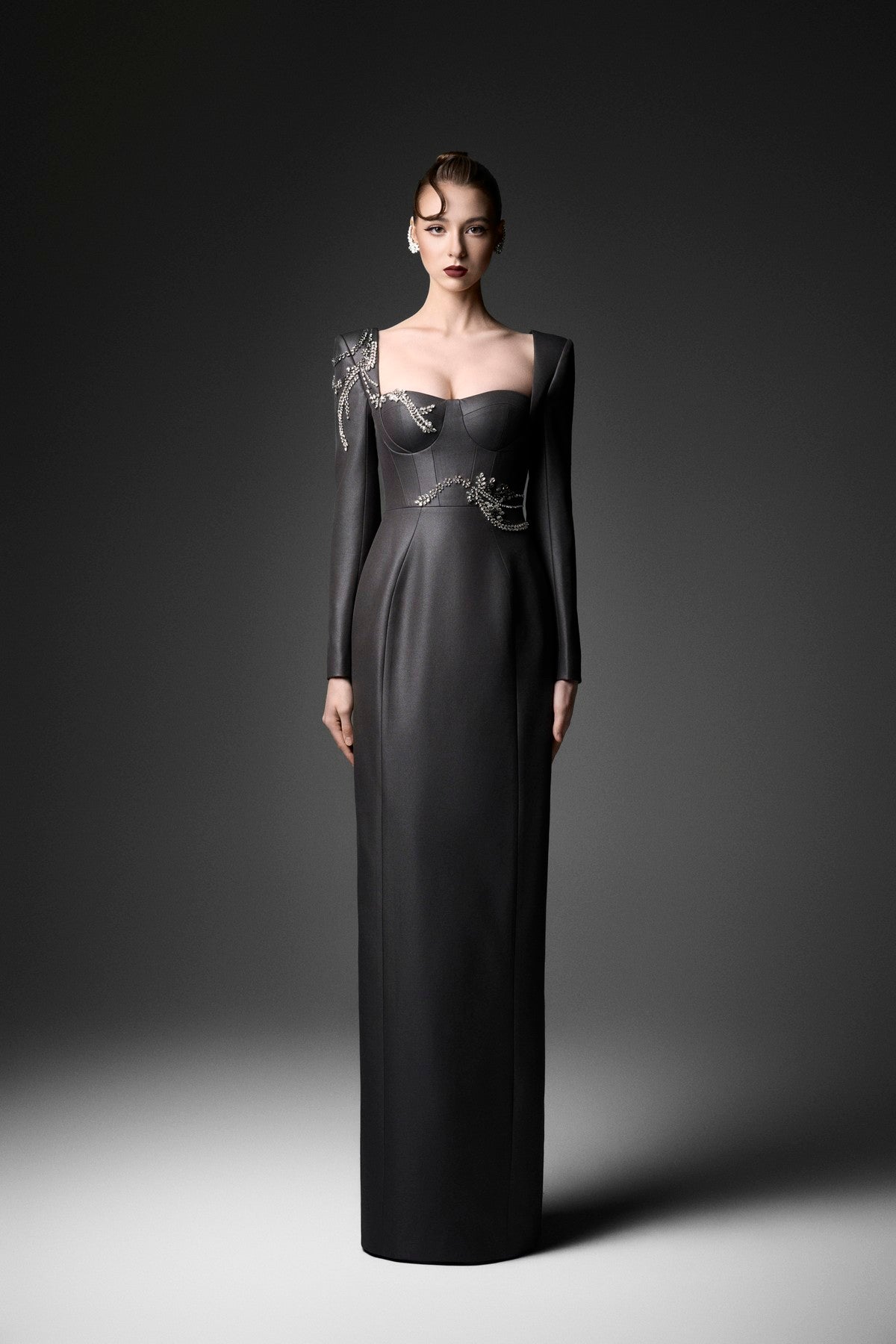 Rococo Crystal Embellished U-Neck Long Sleeve Dress