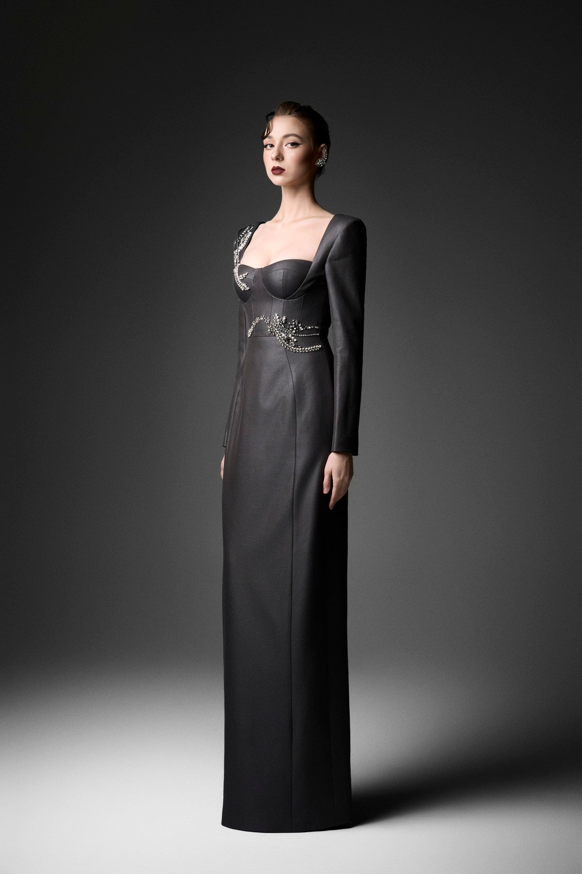Rococo Crystal Embellished U-Neck Long Sleeve Dress