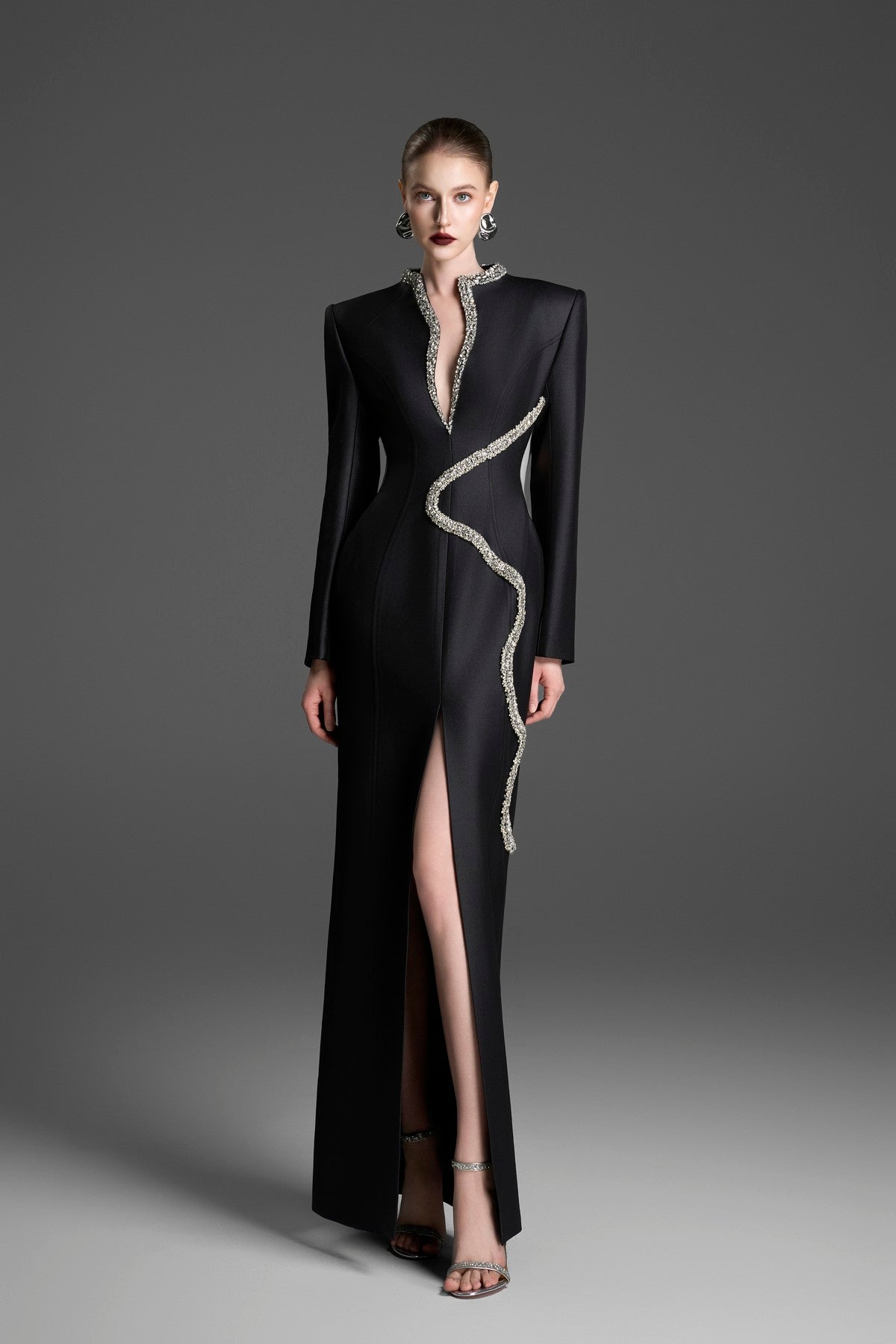 Sheath Dress with a Wave Neckline and Tulle Waist Panels