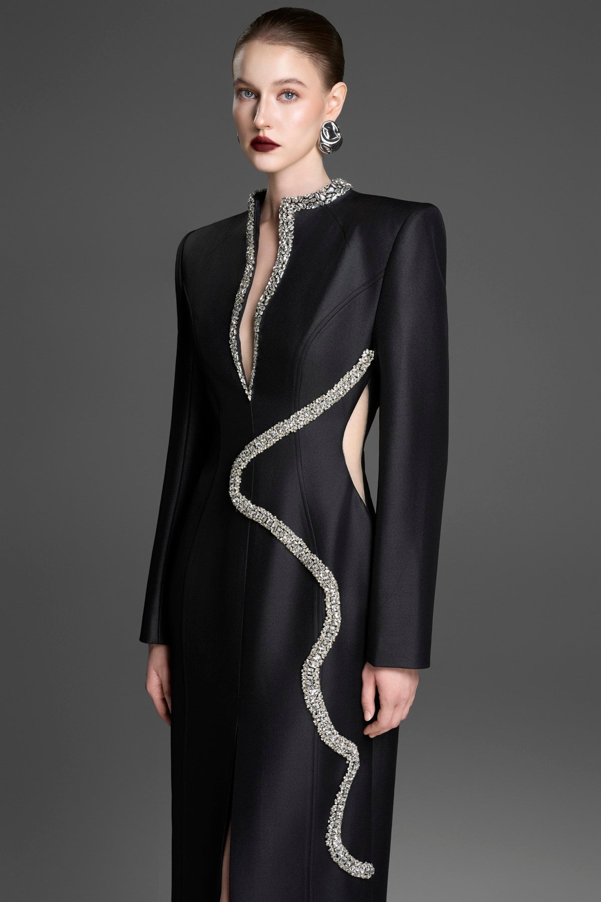 Sheath Dress with a Wave Neckline and Tulle Waist Panels