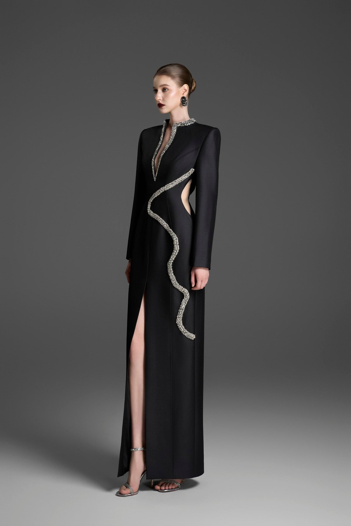 Sheath Dress with a Wave Neckline and Tulle Waist Panels