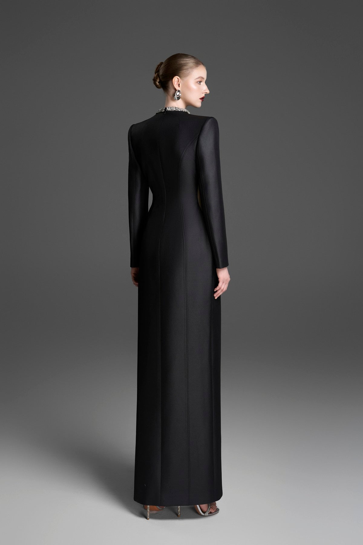 Sheath Dress with a Wave Neckline and Tulle Waist Panels