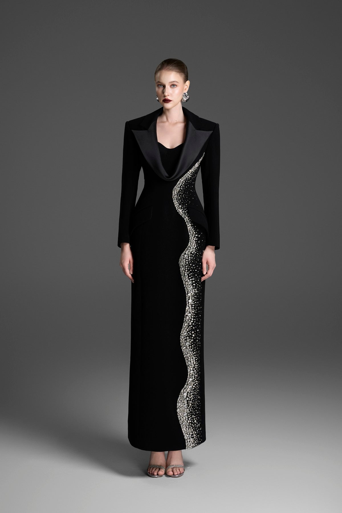 Tailored Sheath Dress with a Deep V-Neck and Taffeta Lapels