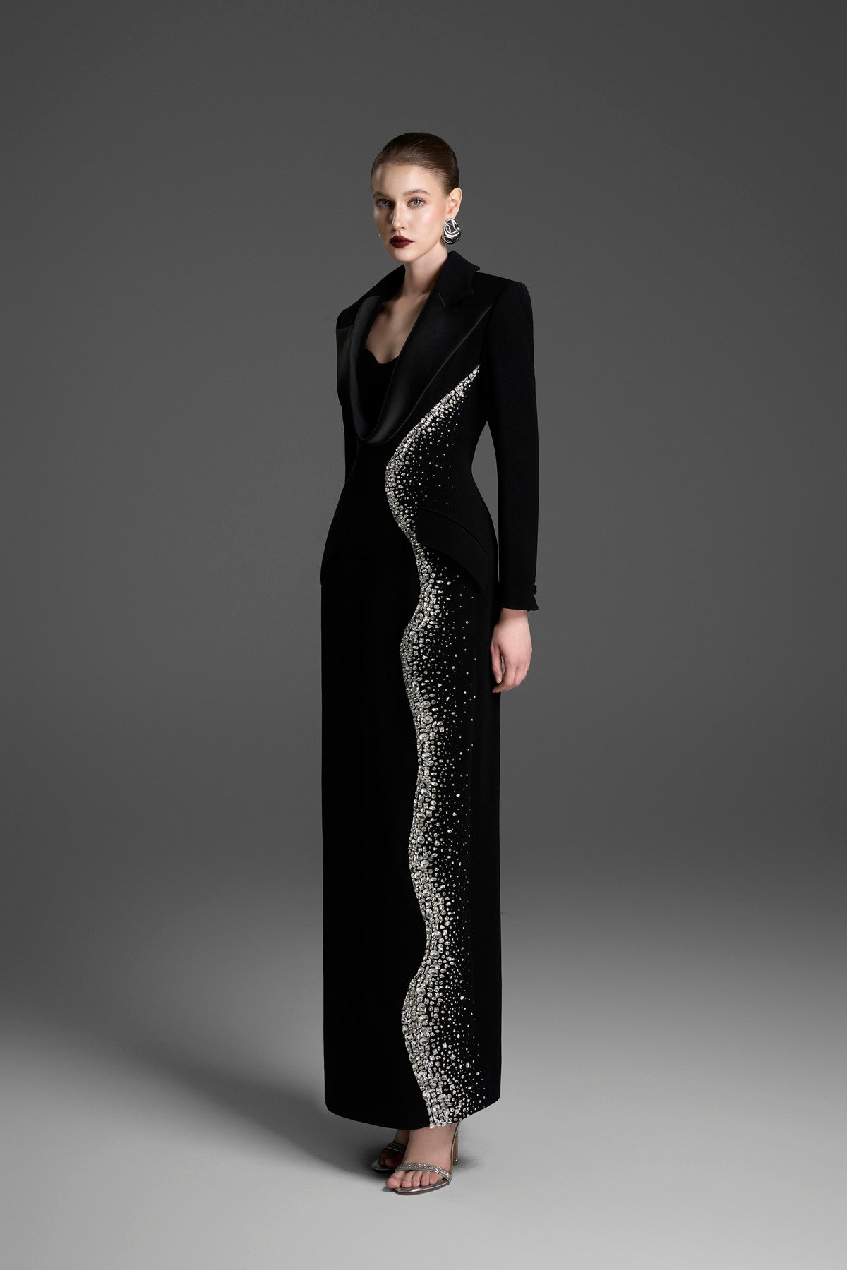 Tailored Sheath Dress with a Deep V-Neck and Taffeta Lapels