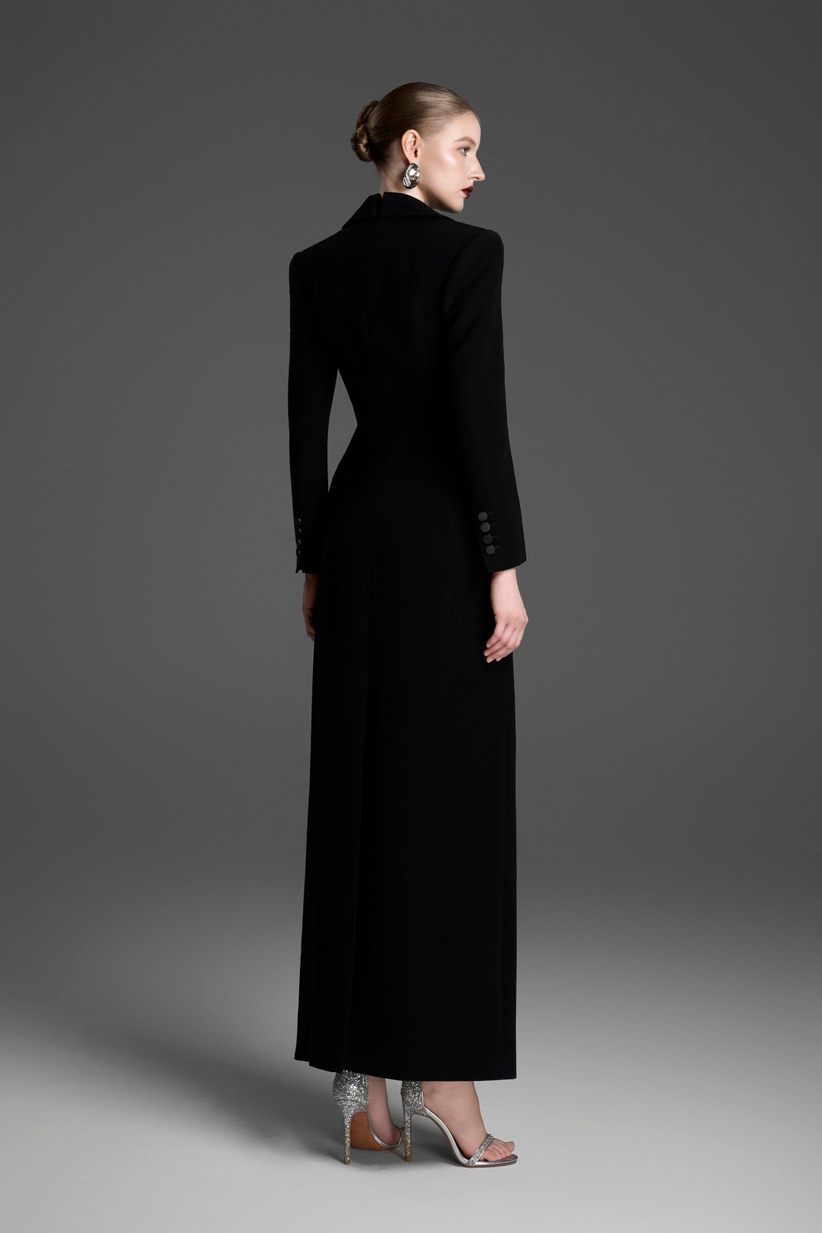 Tailored Sheath Dress with a Deep V-Neck and Taffeta Lapels