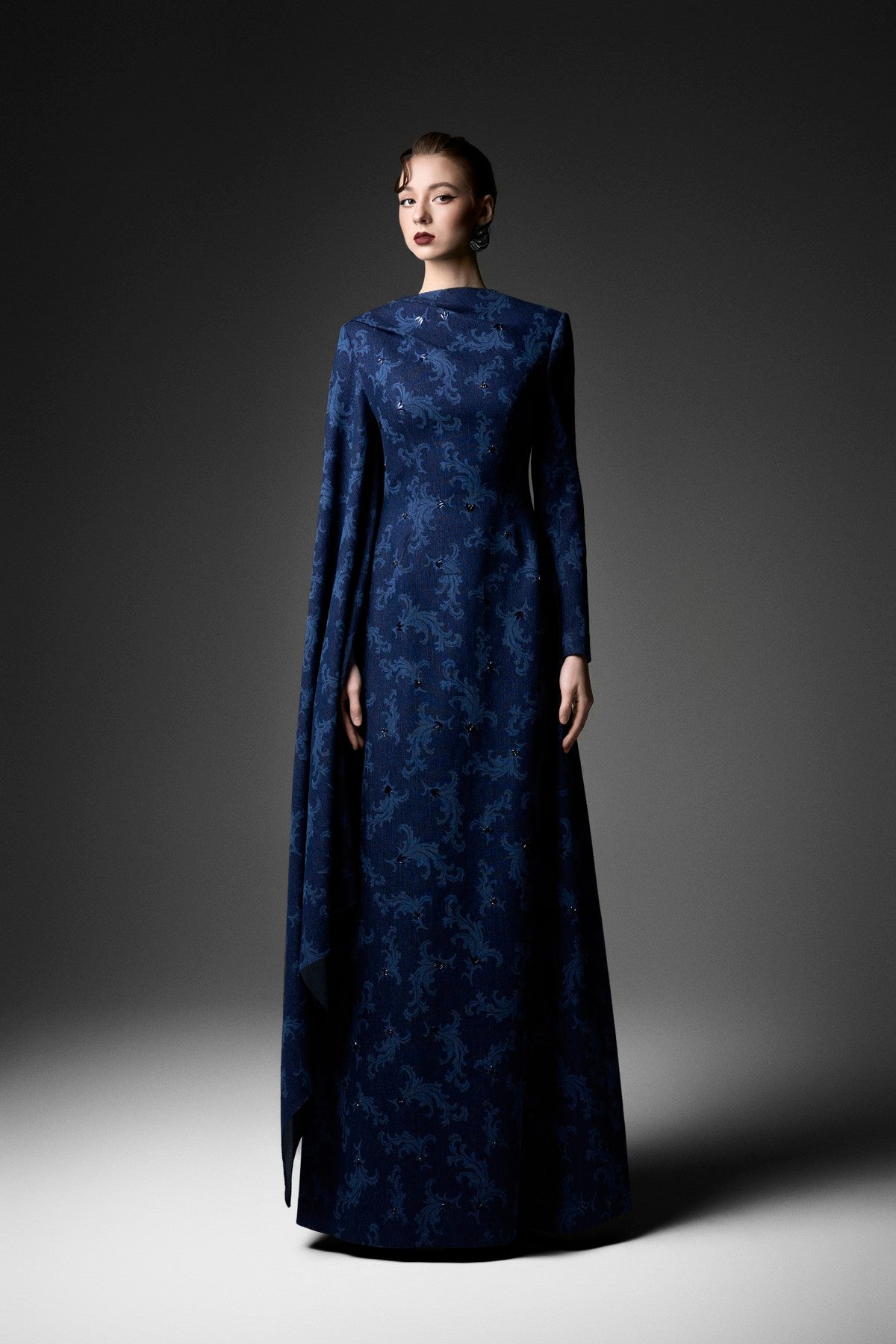 Asymmetric Sleeve Rococo Laser-printed A-Line Denim Dress