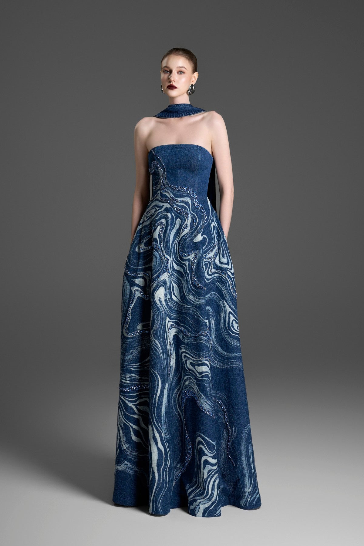 Strapless Ball Gown with Crystal-Embroidered Marblewood