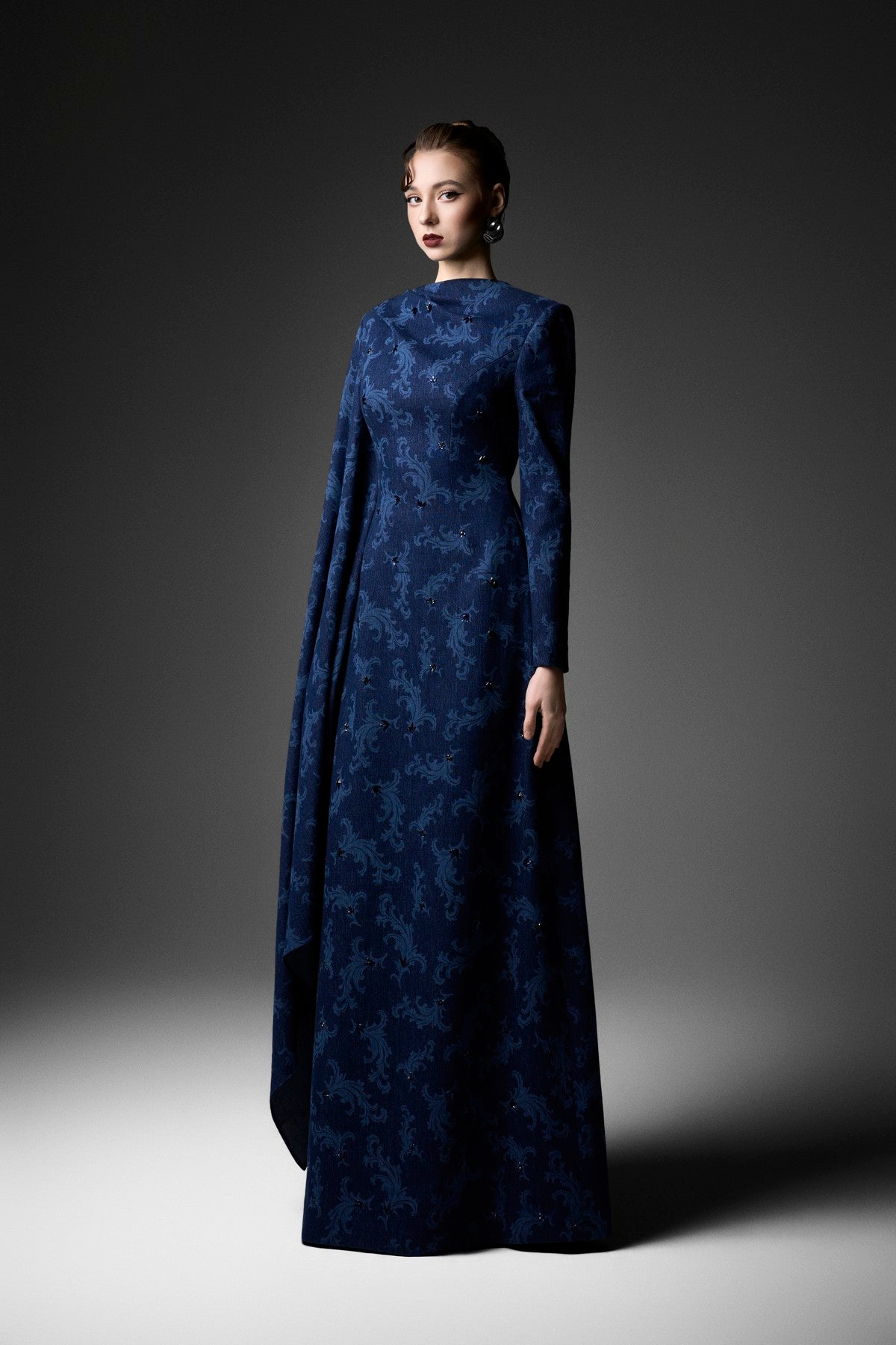Asymmetric Sleeve Rococo Laser-printed A-Line Denim Dress