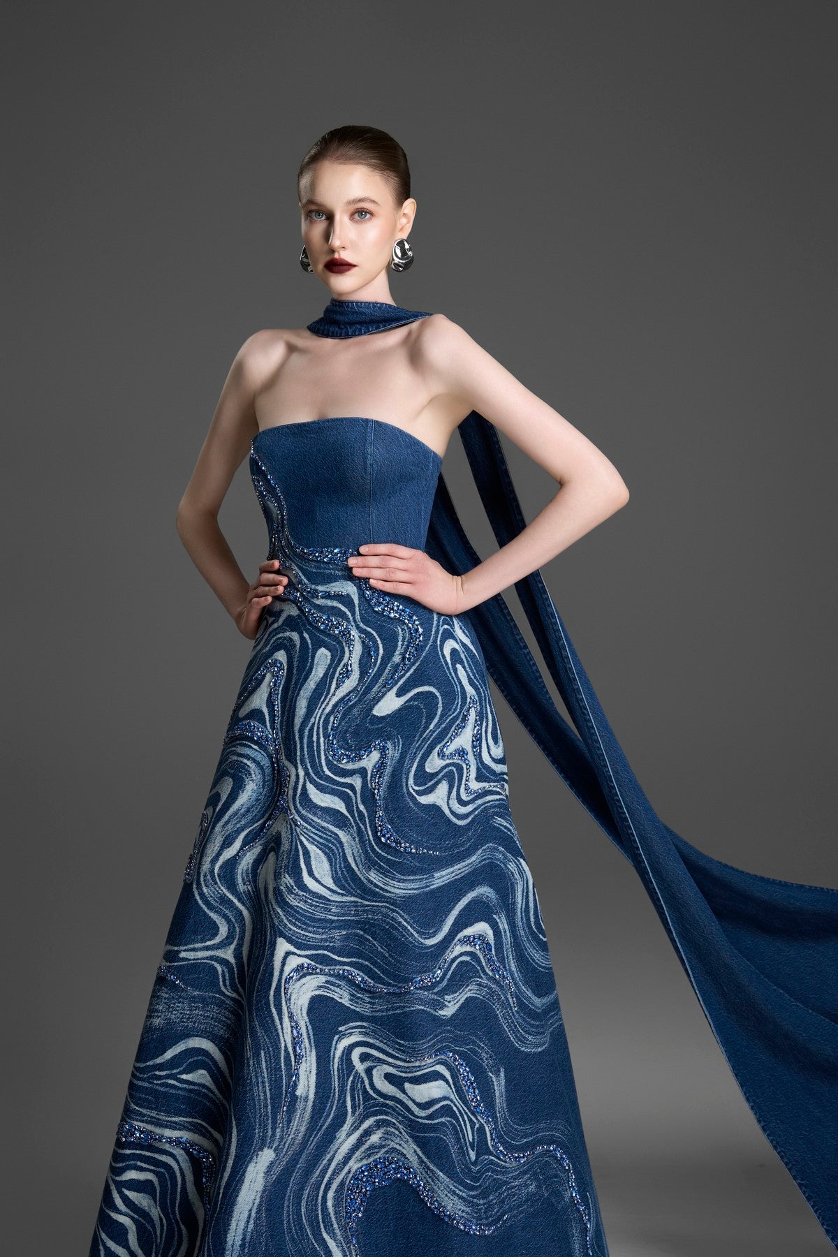 Strapless Ball Gown with Crystal-Embroidered Marblewood