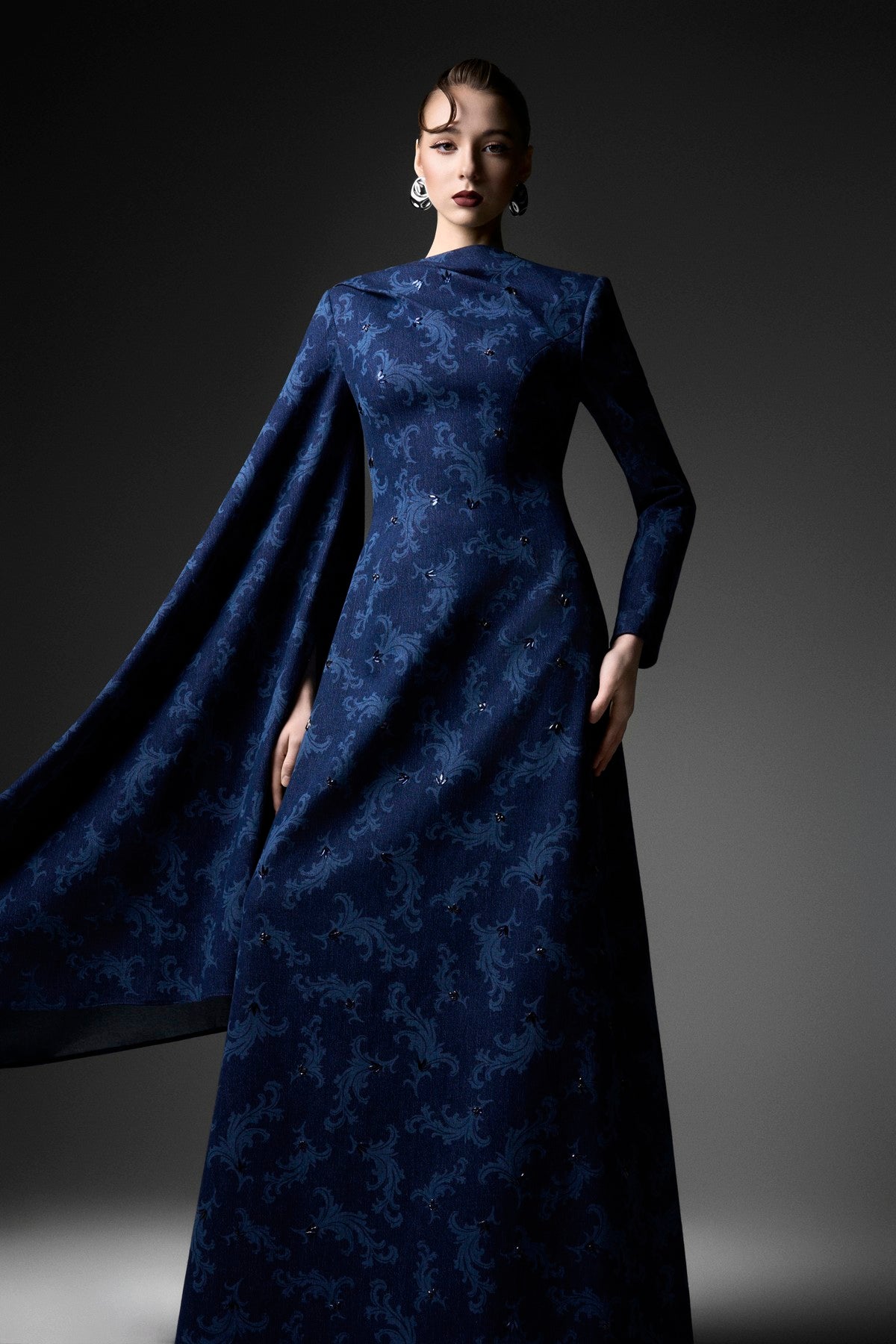 Asymmetric Sleeve Rococo Laser-printed A-Line Denim Dress