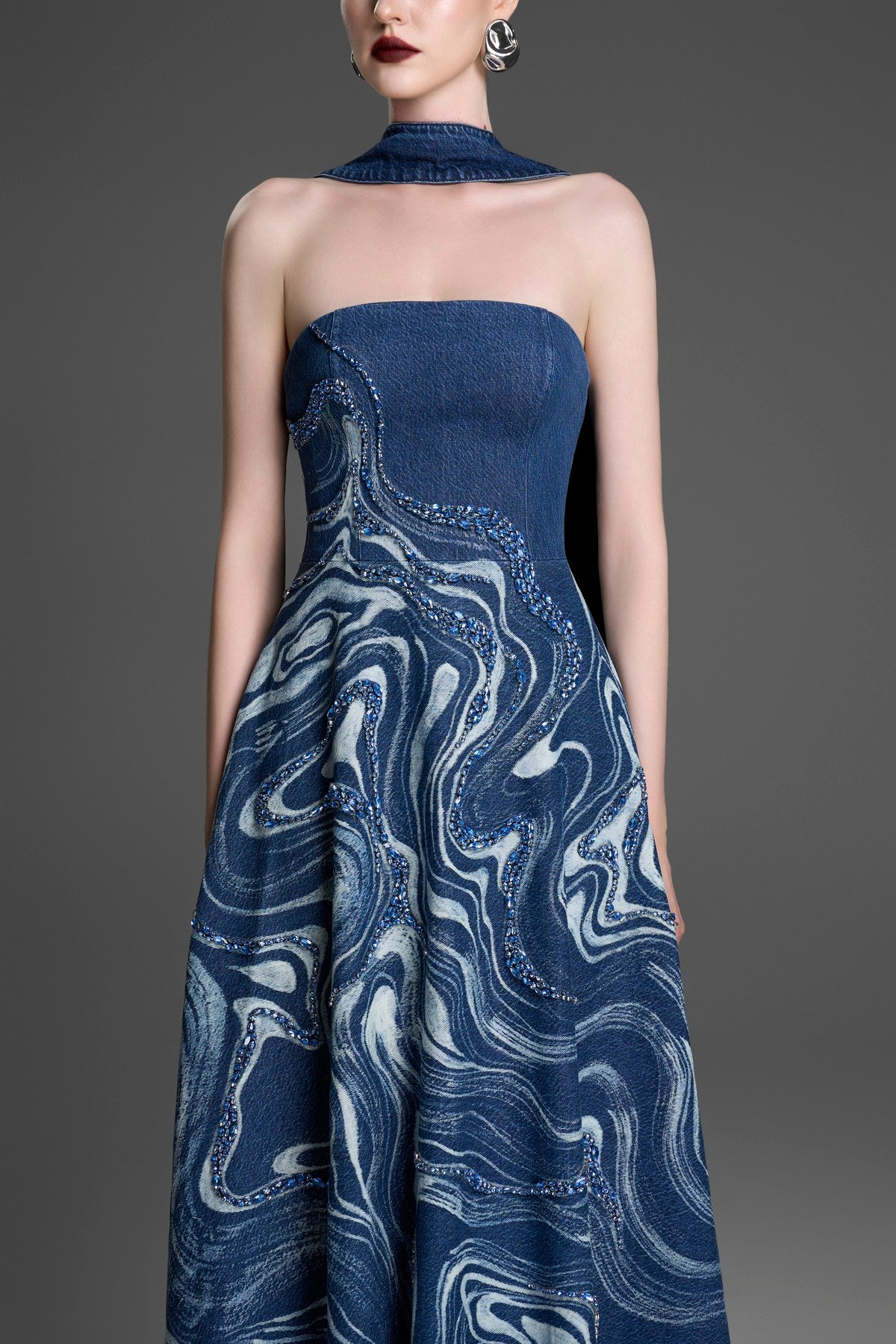 Strapless Ball Gown with Crystal-Embroidered Marblewood