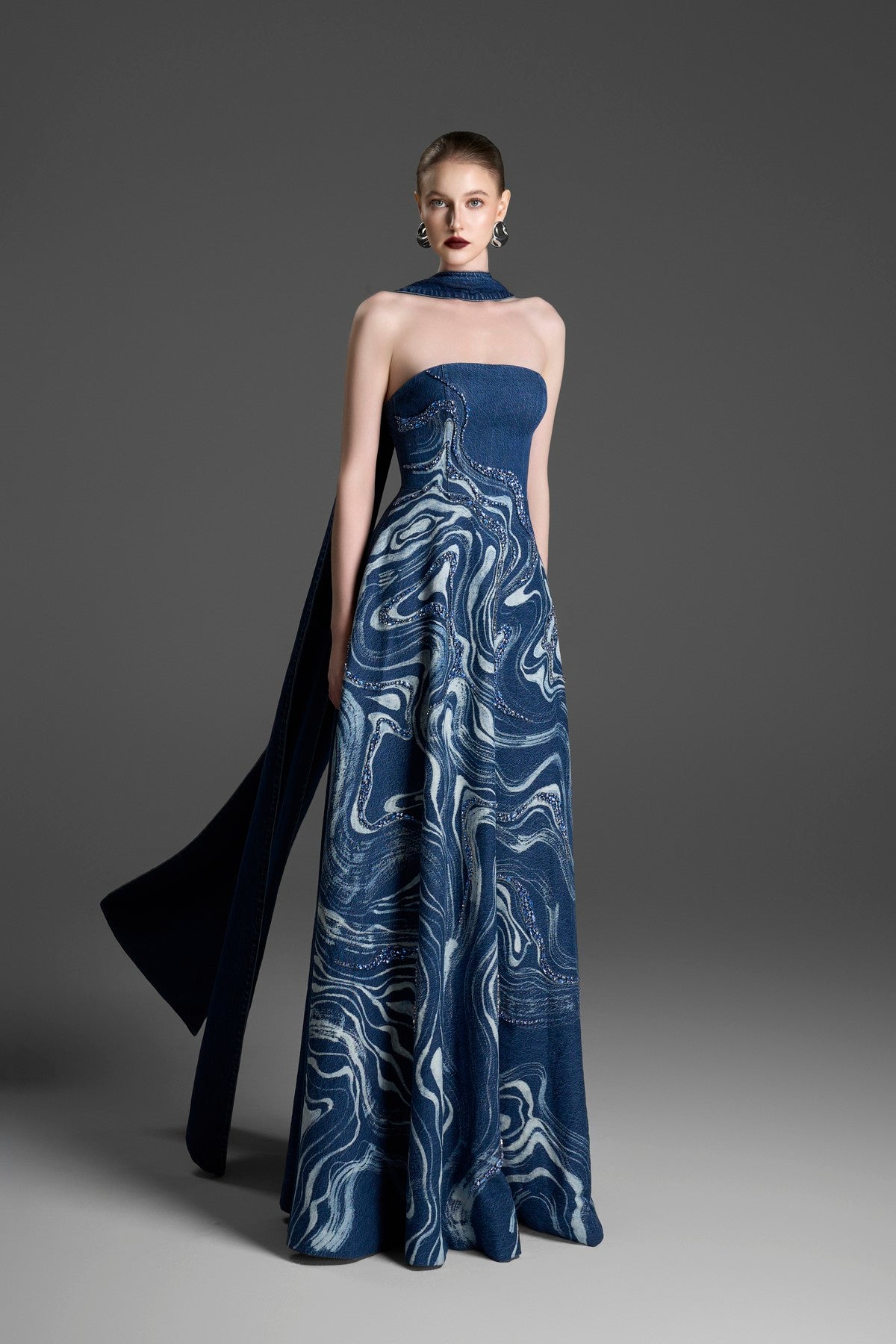 Strapless Ball Gown with Crystal-Embroidered Marblewood
