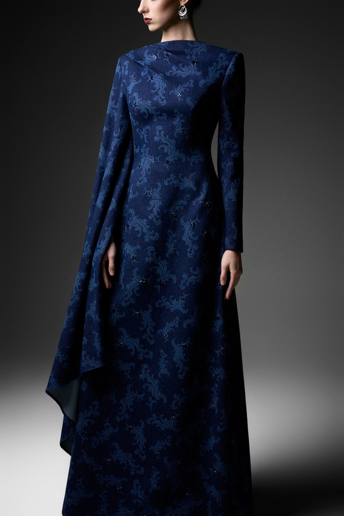 Asymmetric Sleeve Rococo Laser-printed A-Line Denim Dress