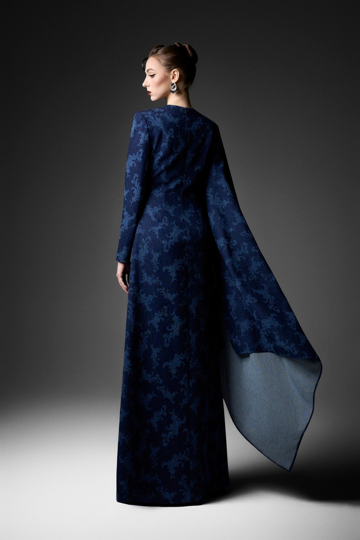 Asymmetric Sleeve Rococo Laser-printed A-Line Denim Dress