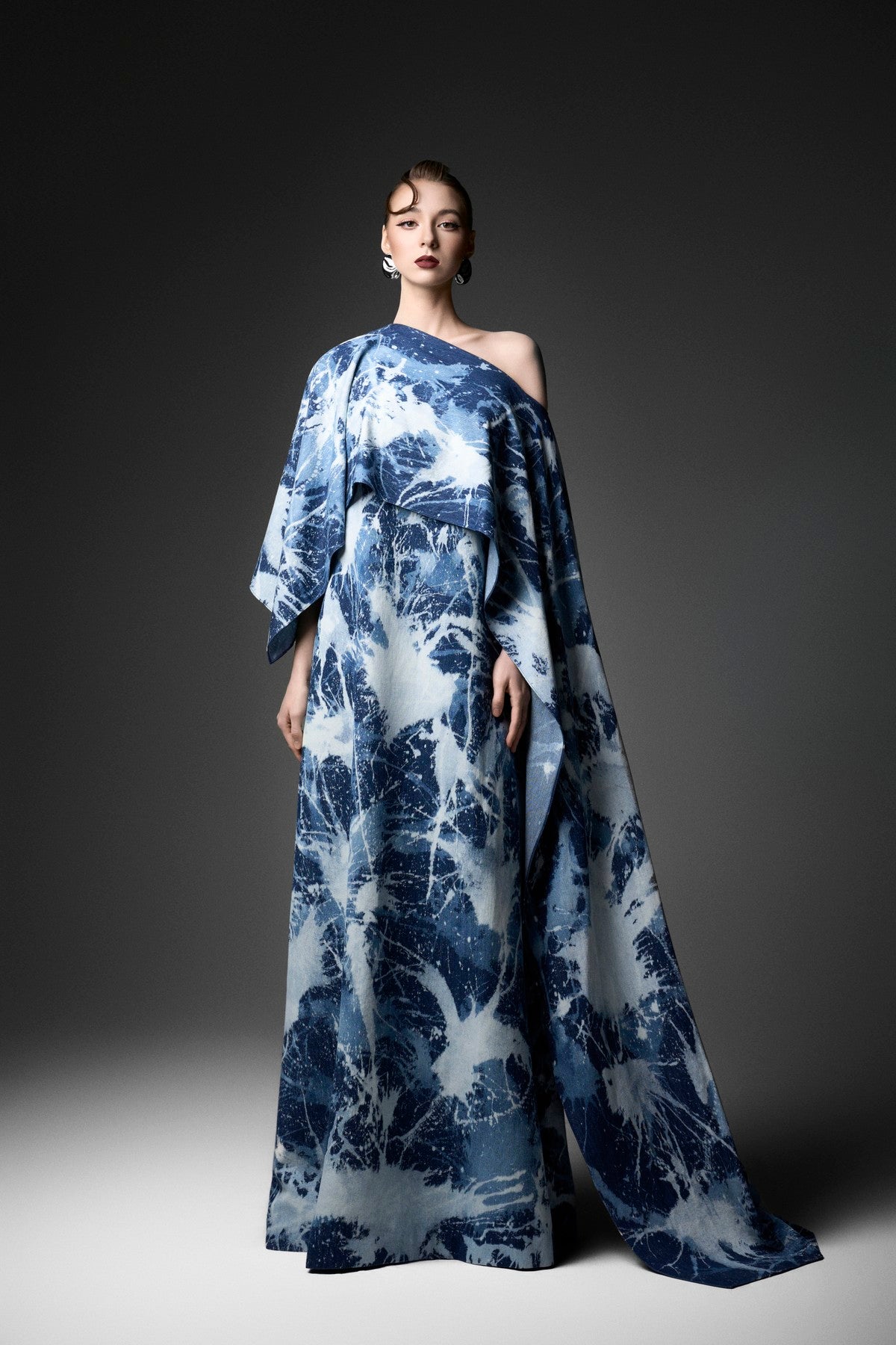 Marbling Asymmetric Off-Shoulder Denim Cape Dress