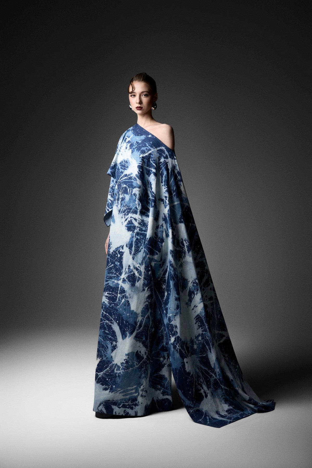 Marbling Asymmetric Off-Shoulder Denim Cape Dress