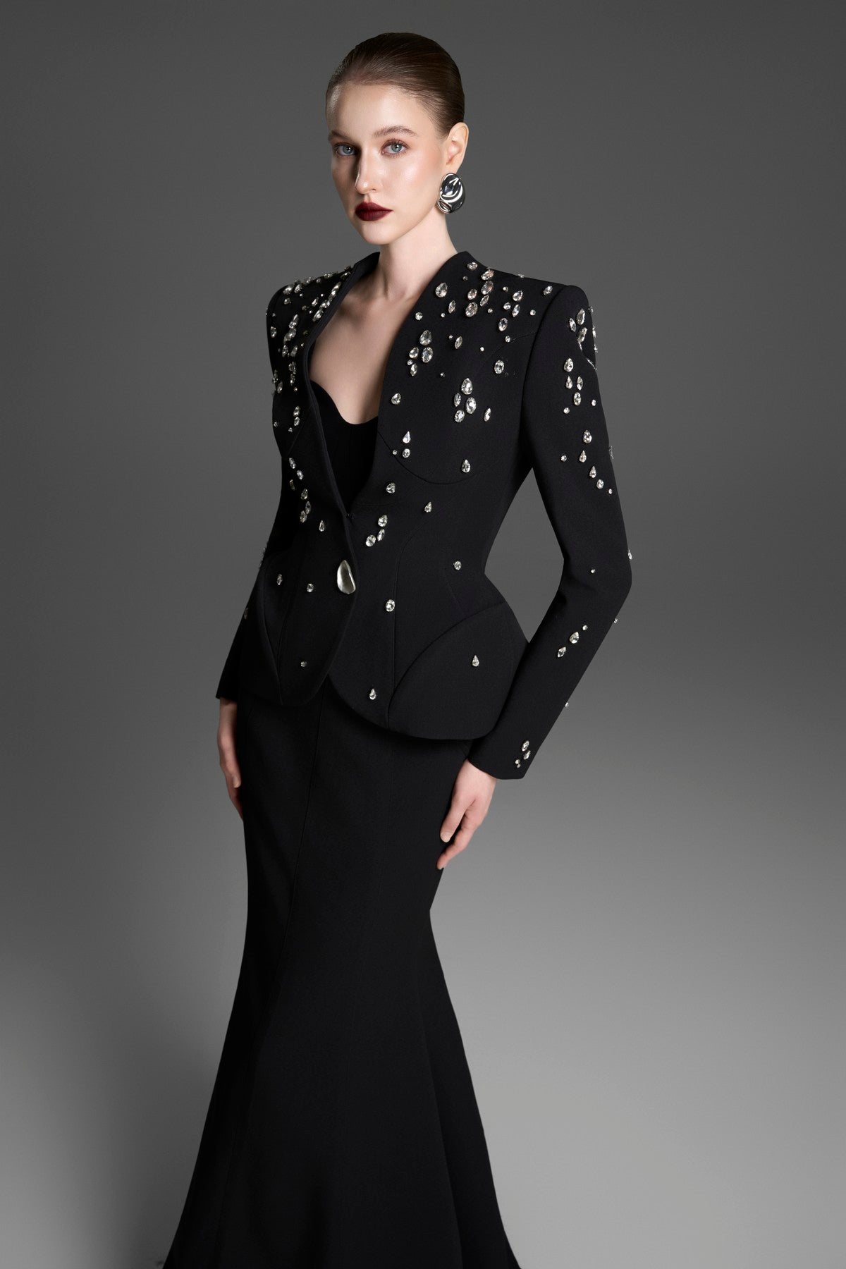 Collarless Paneled Top with a Curved, Flared Waist