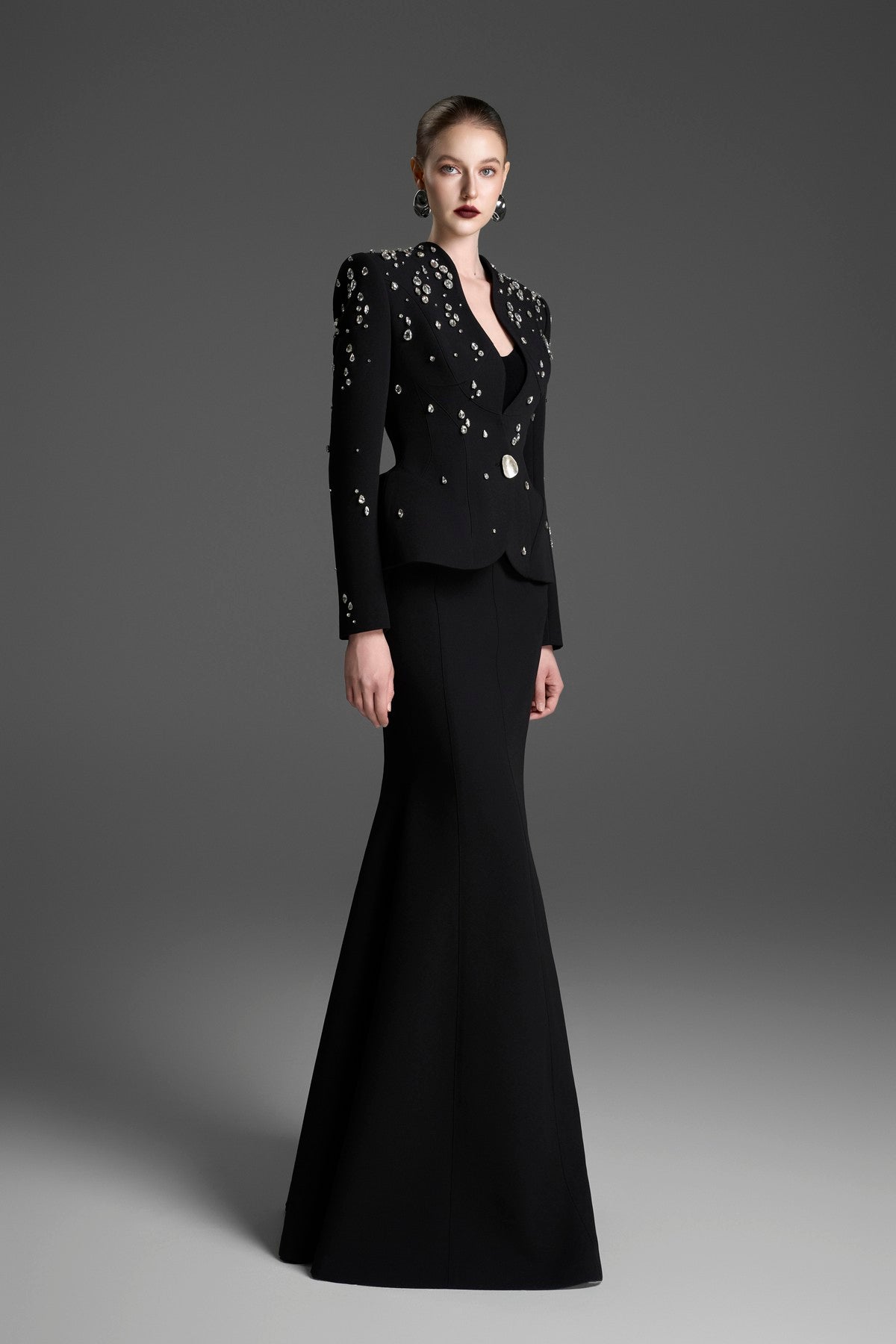 Collarless Paneled Top with a Curved, Flared Waist