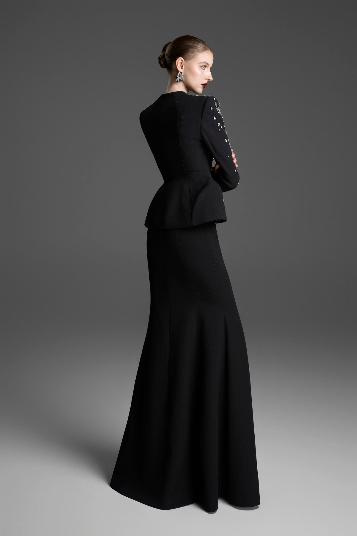 Collarless Paneled Top with a Curved, Flared Waist