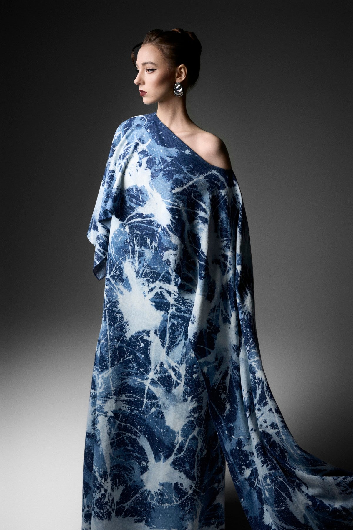 Marbling Asymmetric Off-Shoulder Denim Cape Dress