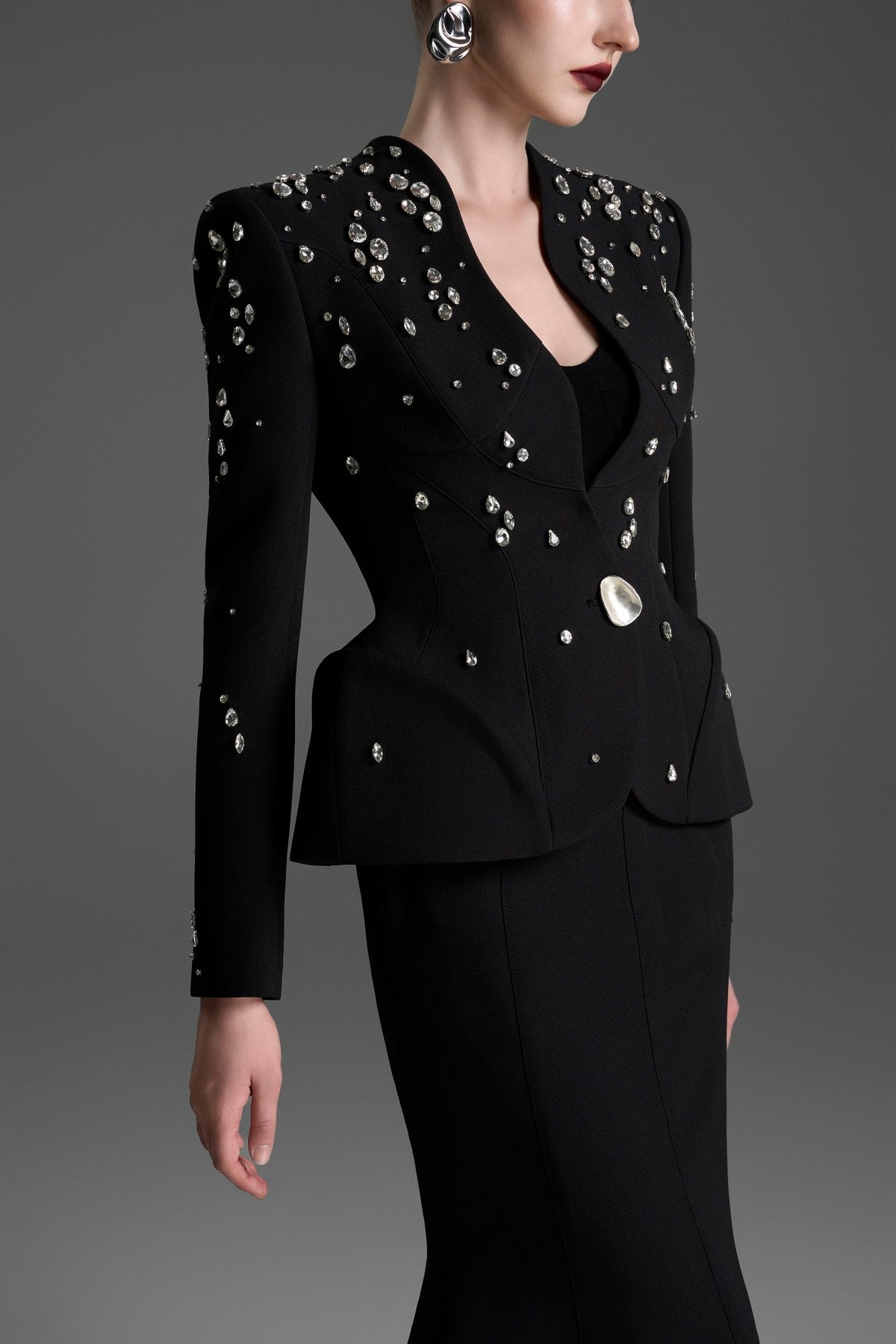 Collarless Paneled Top with a Curved, Flared Waist
