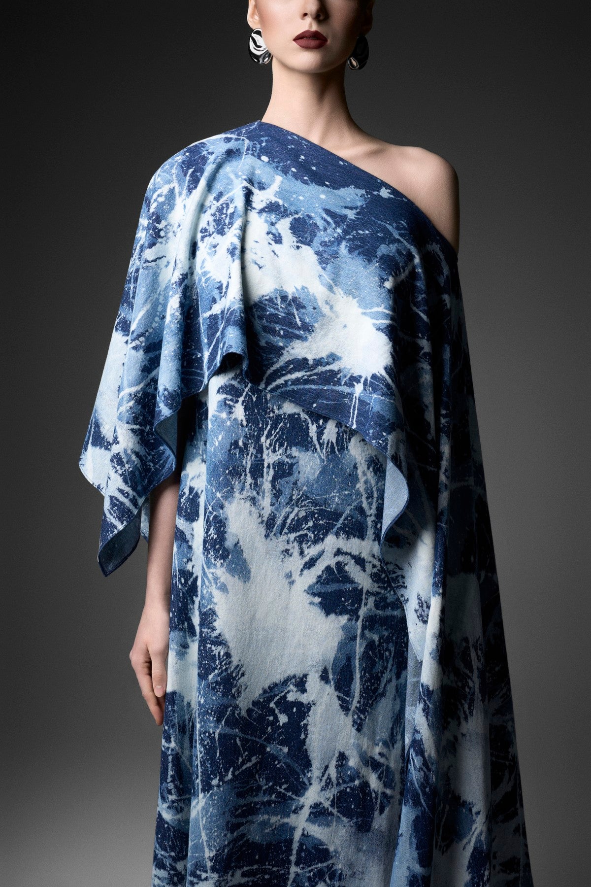 Marbling Asymmetric Off-Shoulder Denim Cape Dress