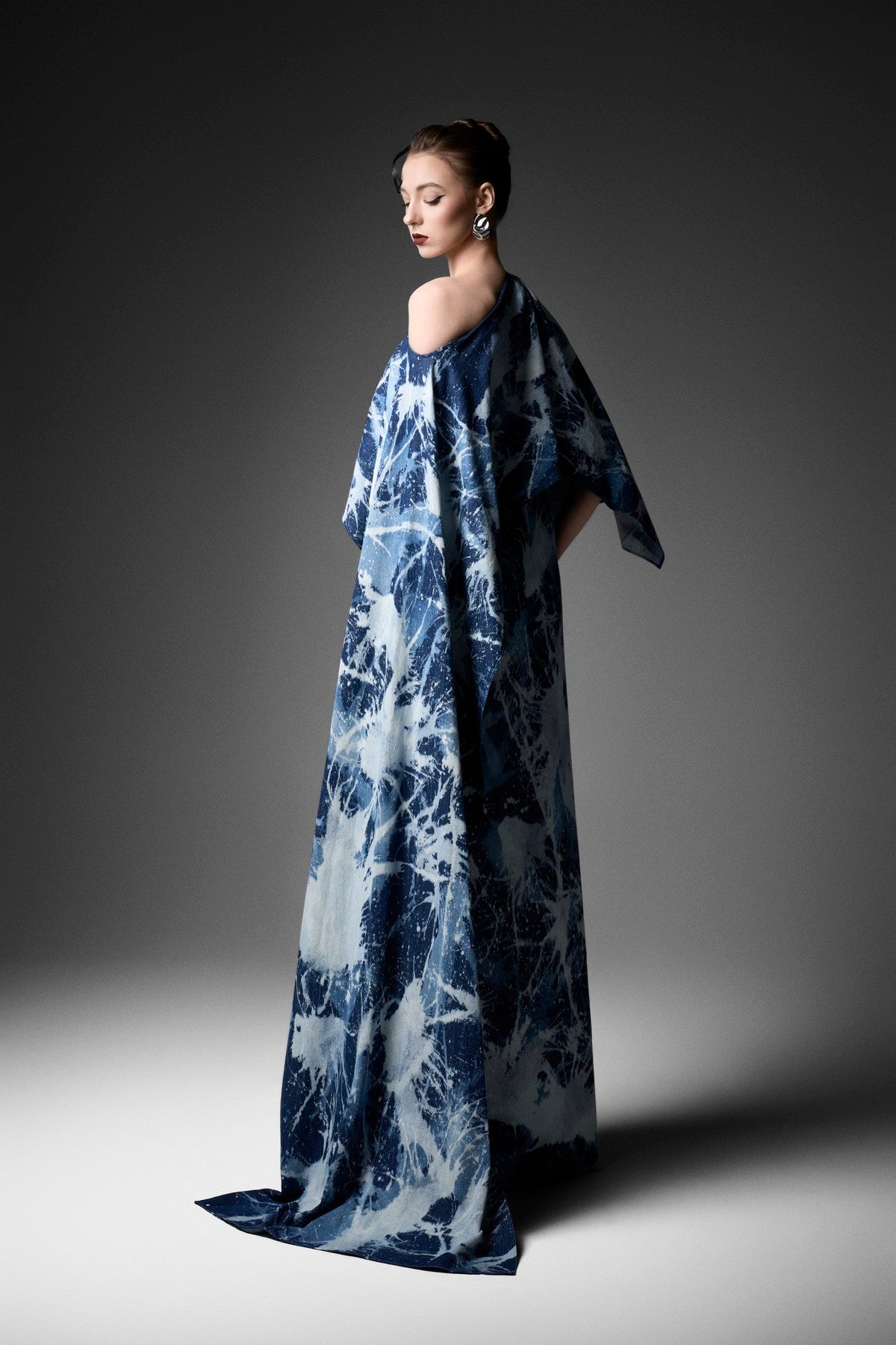 Marbling Asymmetric Off-Shoulder Denim Cape Dress