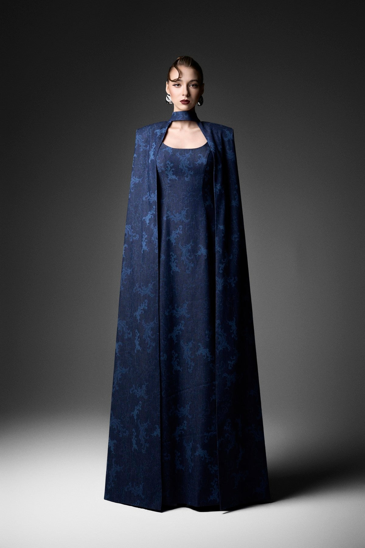 Rococo Ornamented Power-Shoulder A-line Cape Dress
