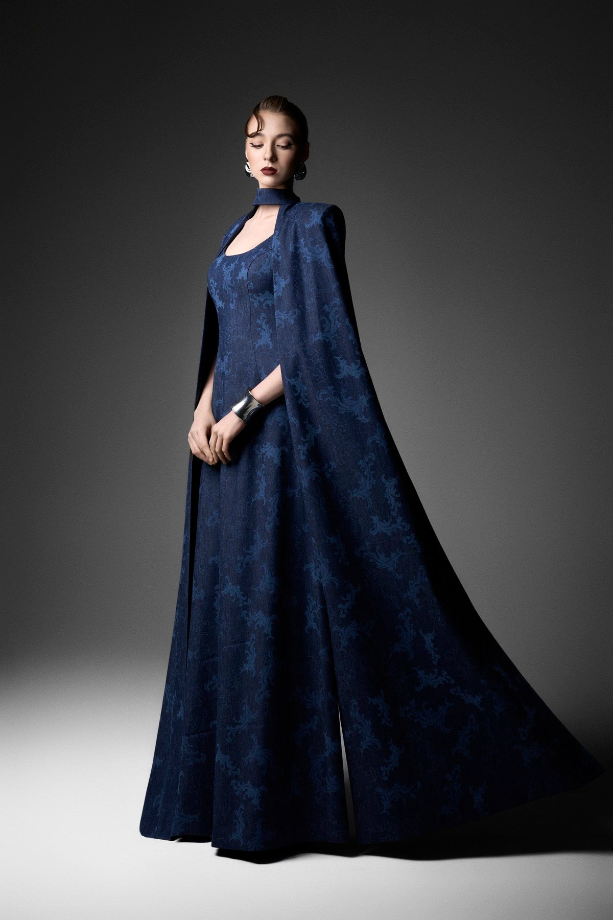 Rococo Ornamented Power-Shoulder A-line Cape Dress