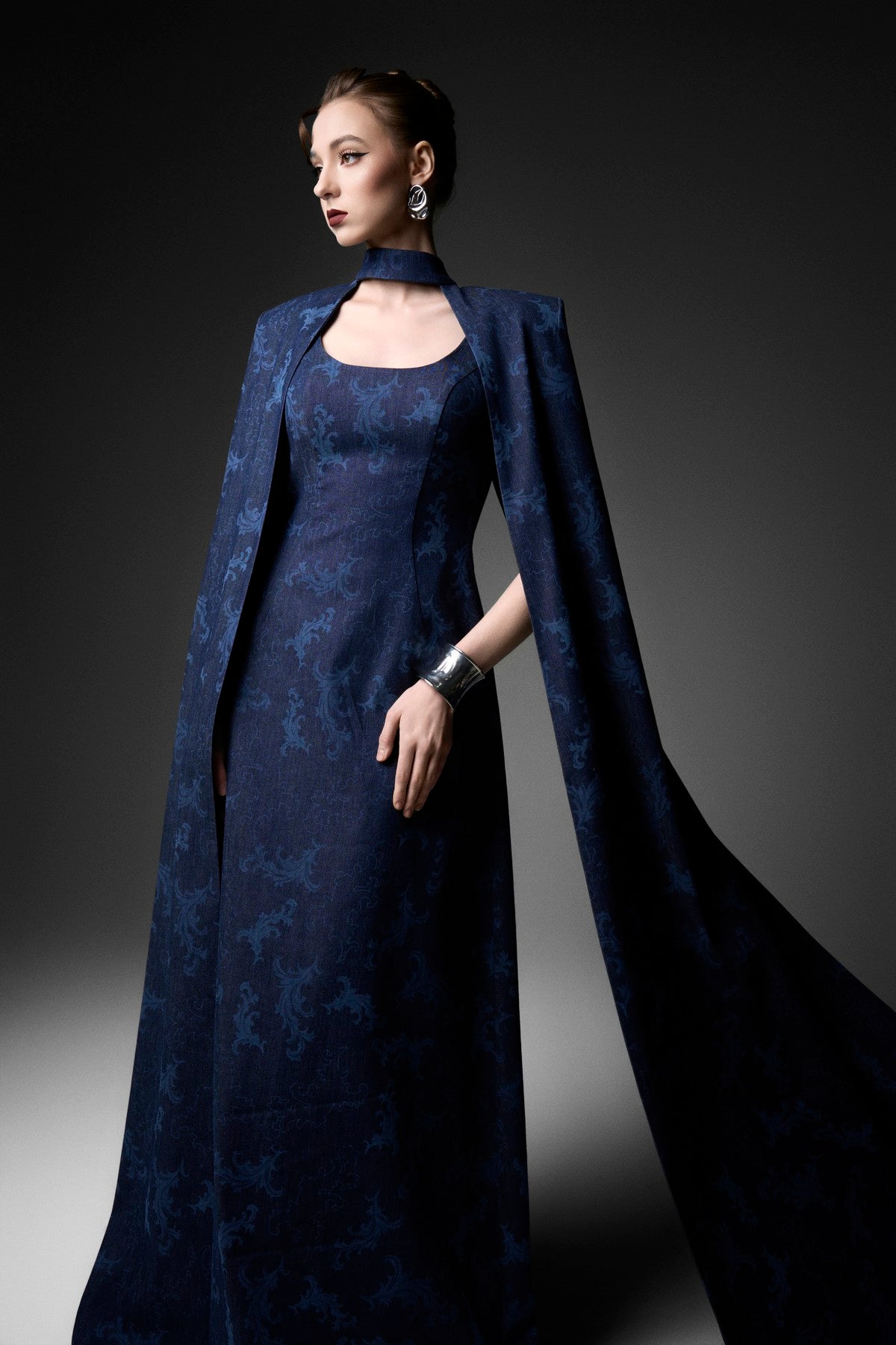 Rococo Ornamented Power-Shoulder A-line Cape Dress