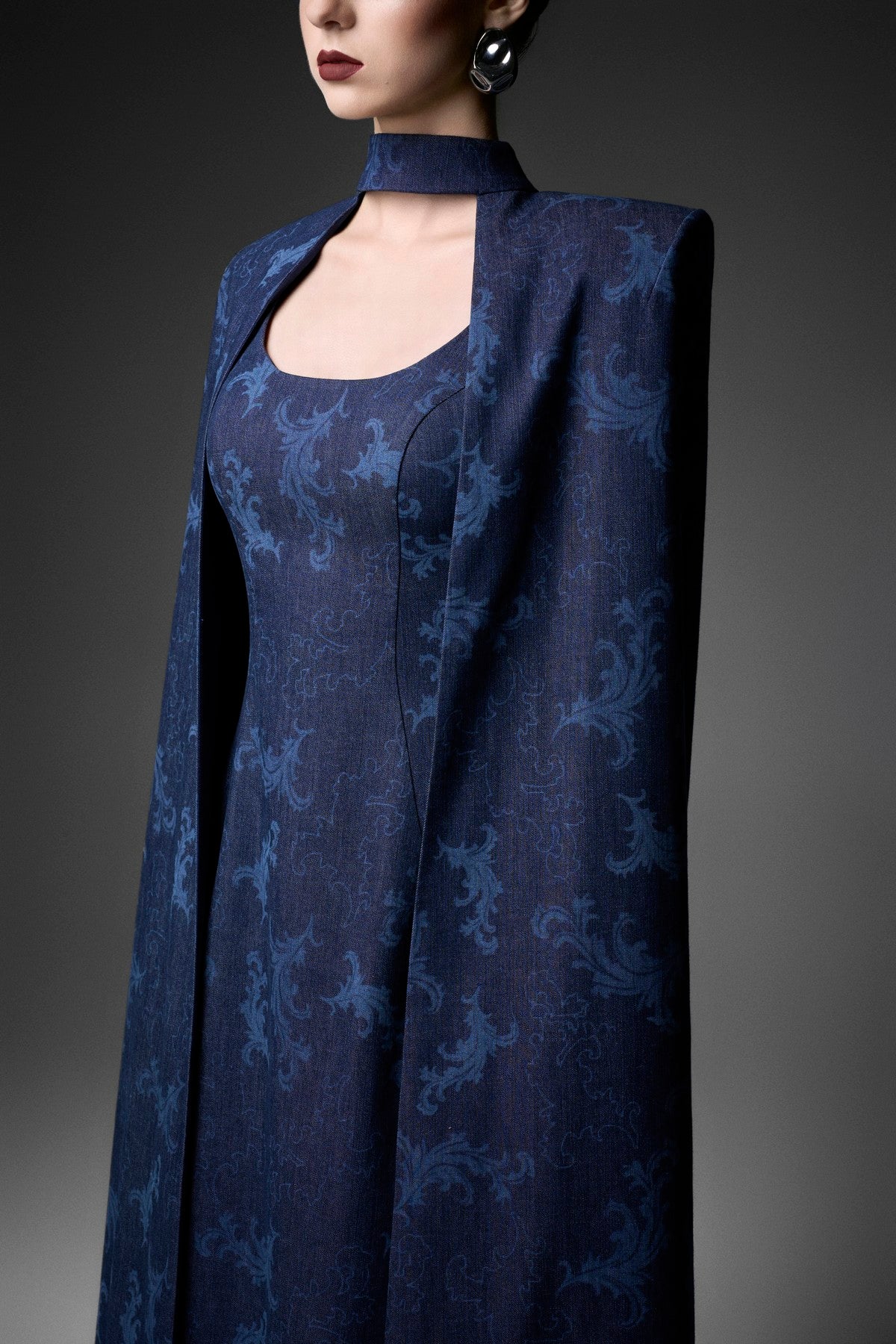 Rococo Ornamented Power-Shoulder A-line Cape Dress