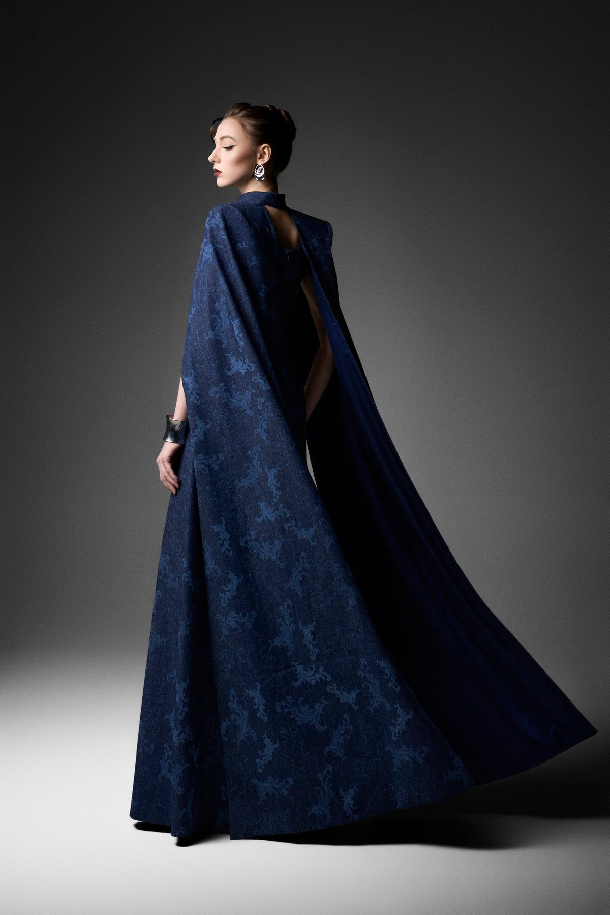 Rococo Ornamented Power-Shoulder A-line Cape Dress
