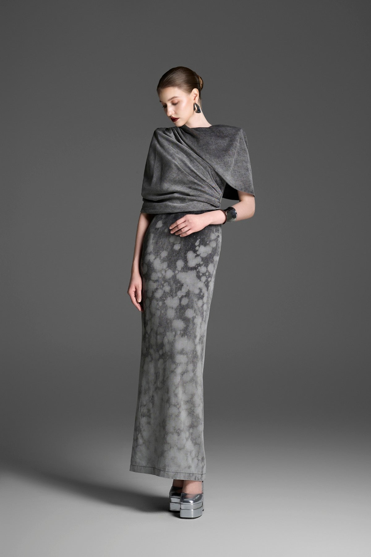 Sheath Dress with an Integrated Capelet and Asymmetrical Pleating