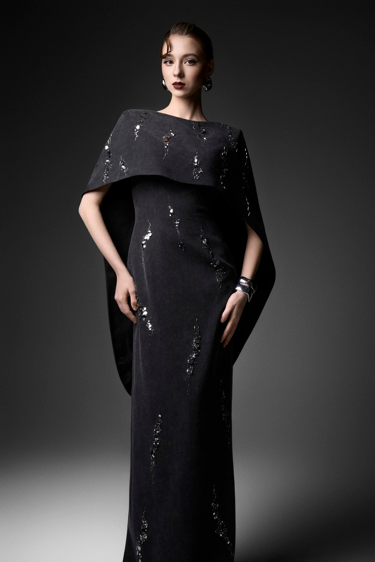 Cape Overlay Embellished Denim Column Dress