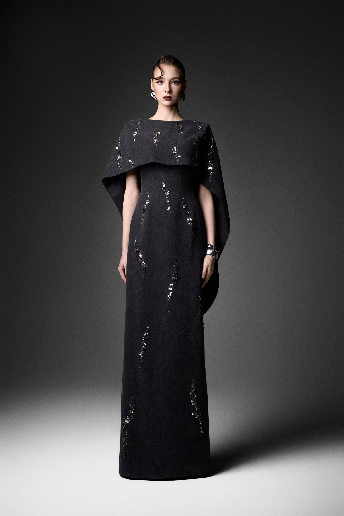 Cape Overlay Embellished Denim Column Dress