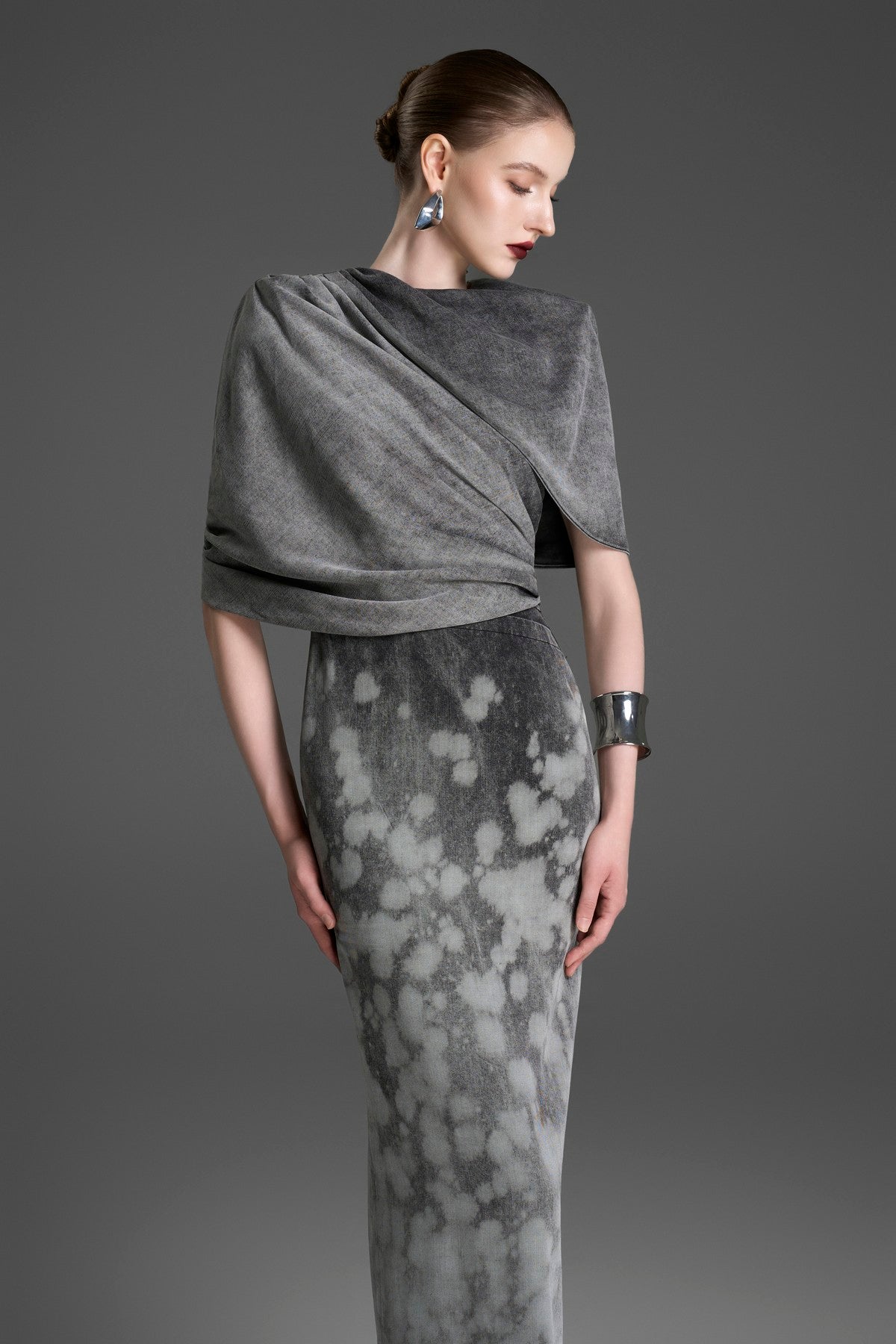Sheath Dress with an Integrated Capelet and Asymmetrical Pleating