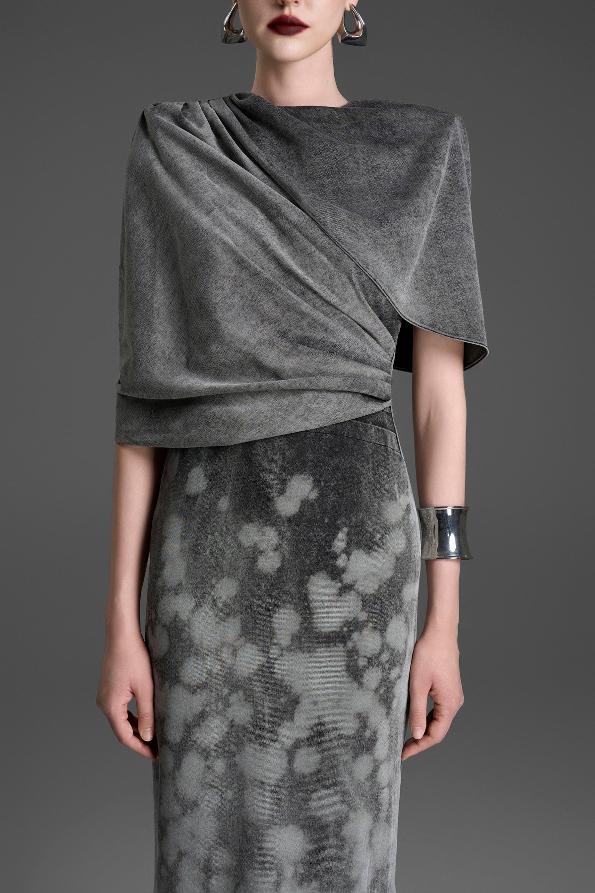 Sheath Dress with an Integrated Capelet and Asymmetrical Pleating