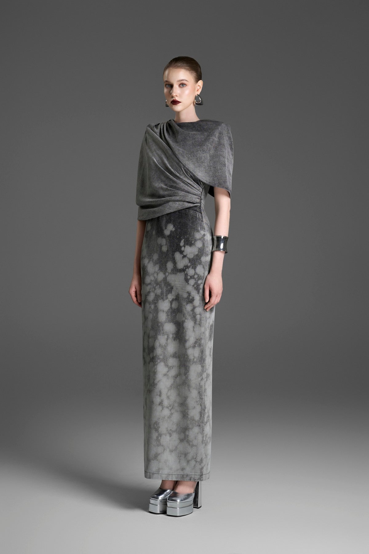 Sheath Dress with an Integrated Capelet and Asymmetrical Pleating
