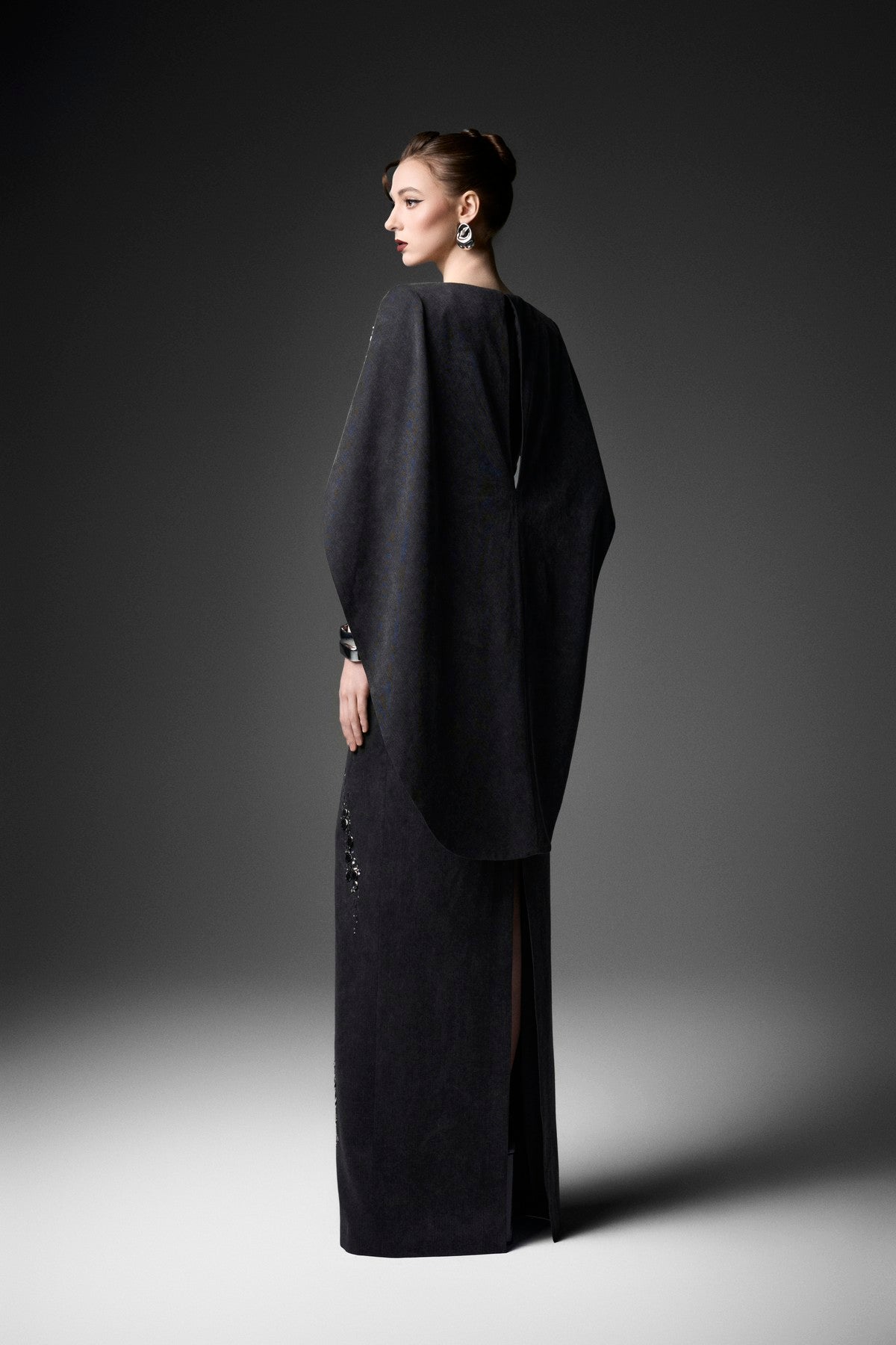 Cape Overlay Embellished Denim Column Dress