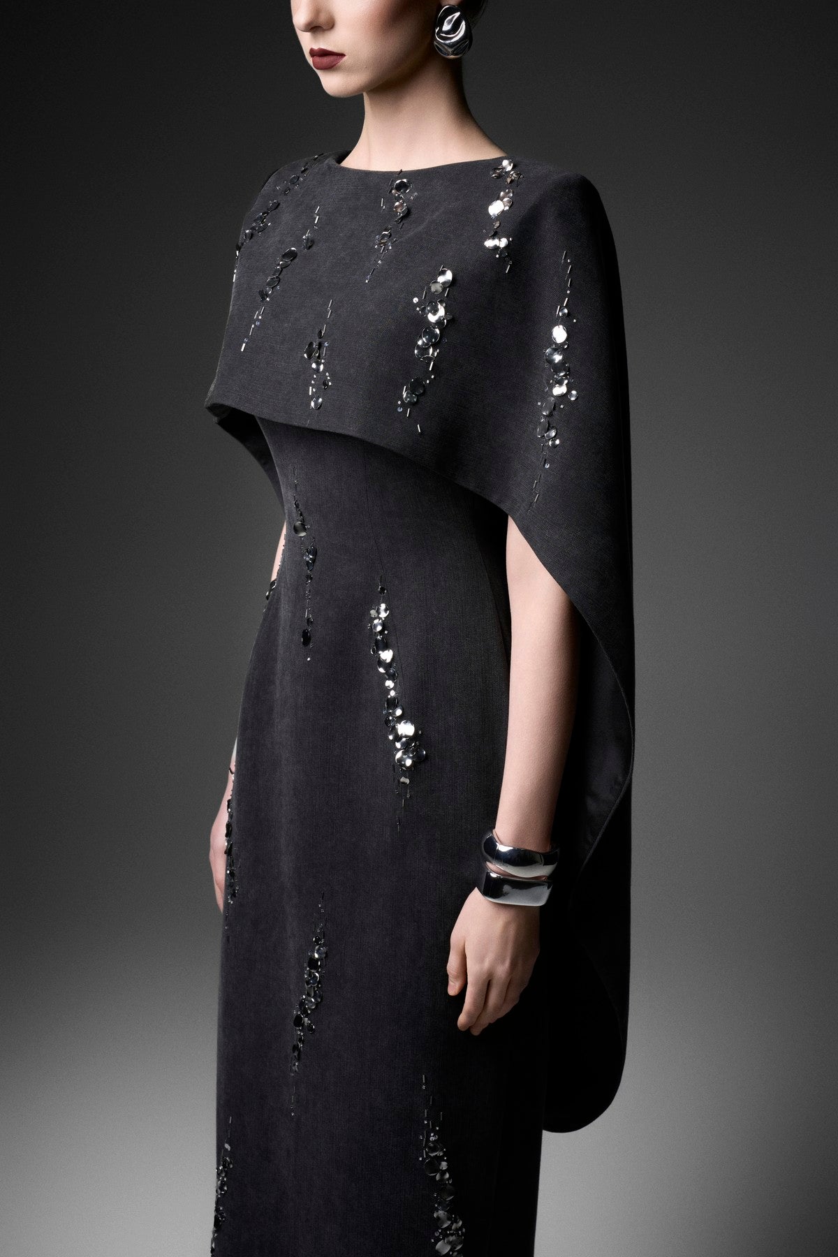 Cape Overlay Embellished Denim Column Dress