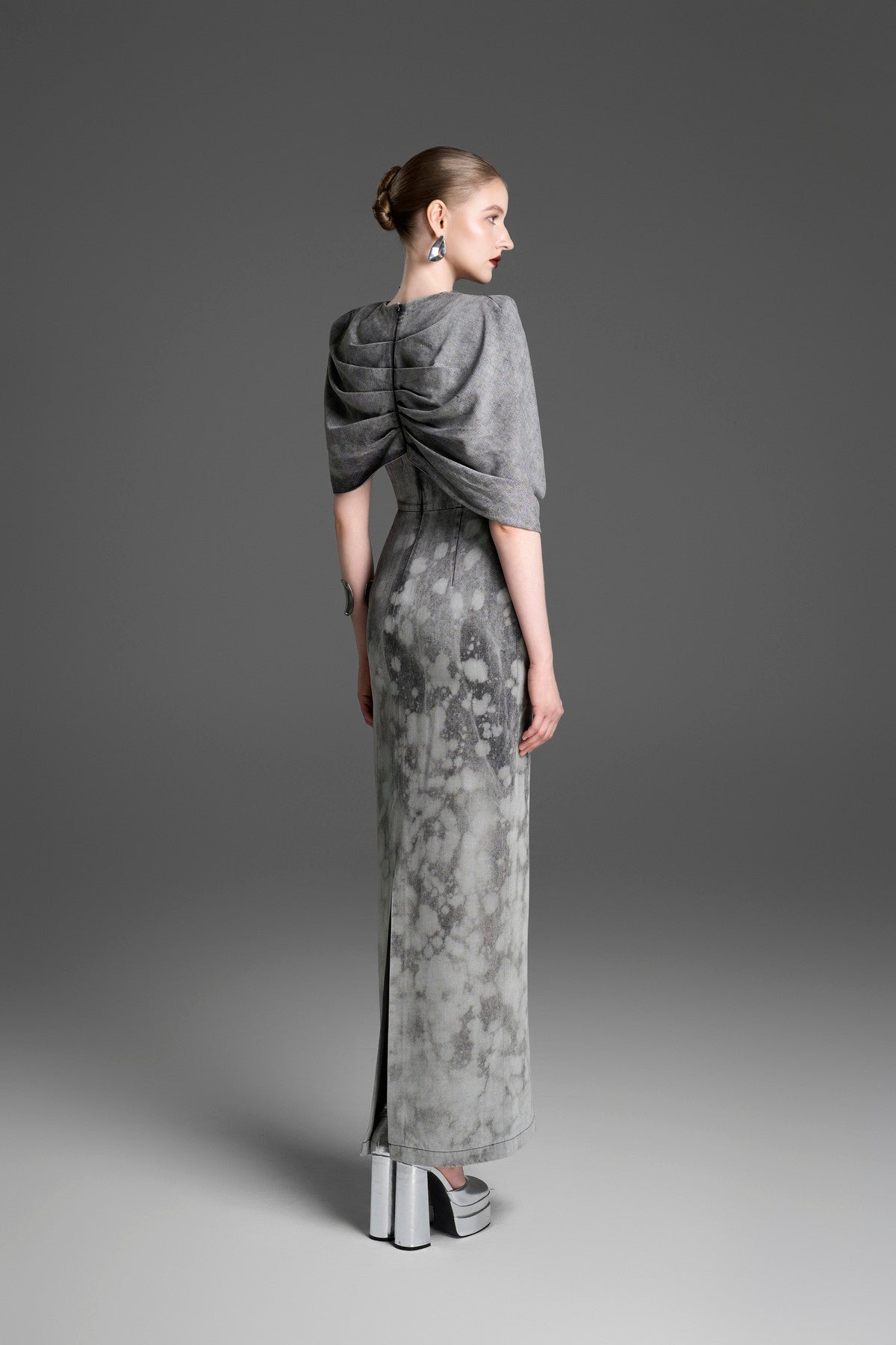 Sheath Dress with an Integrated Capelet and Asymmetrical Pleating