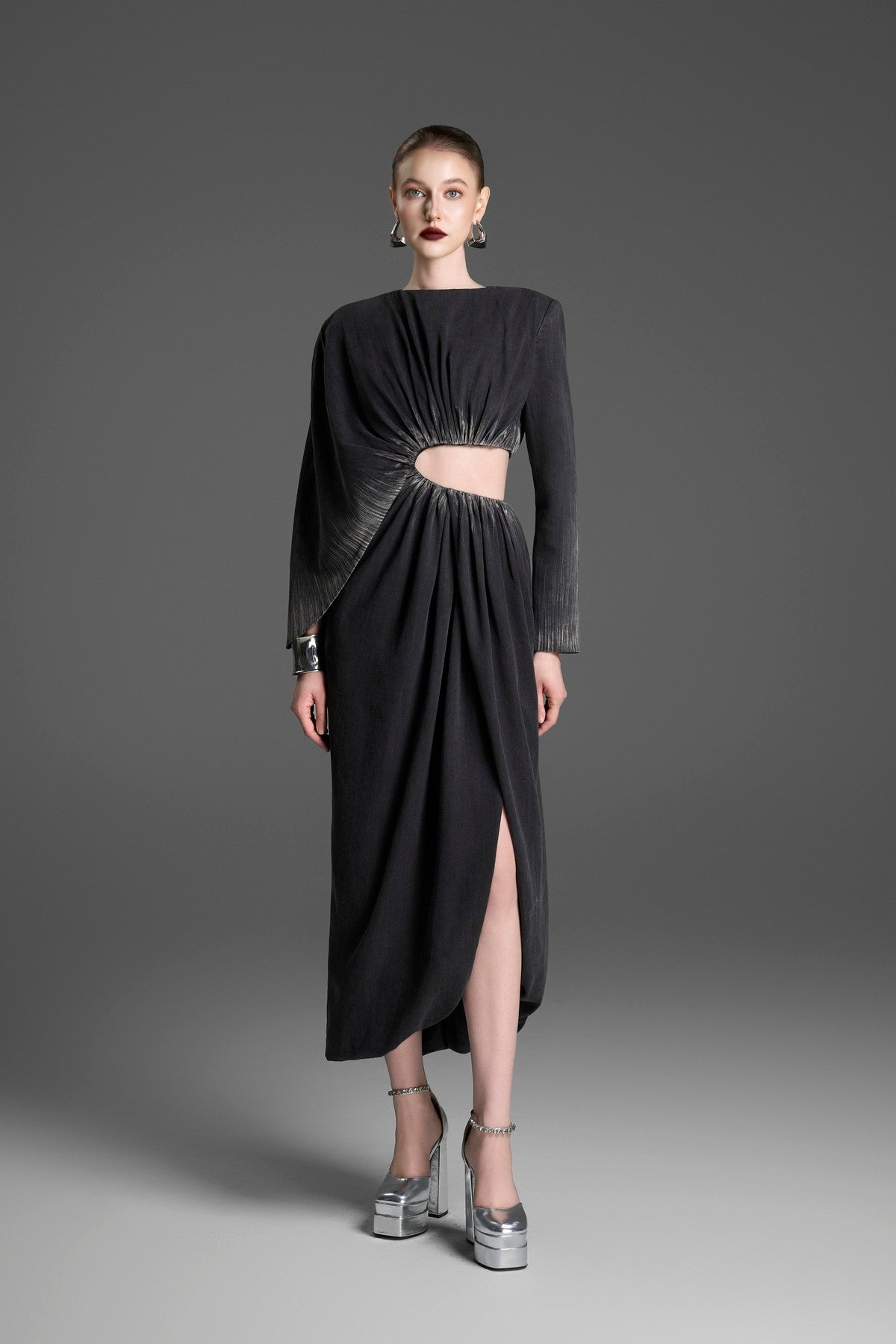One-Sleeve Column Dress with a Ruched Waist Cutout