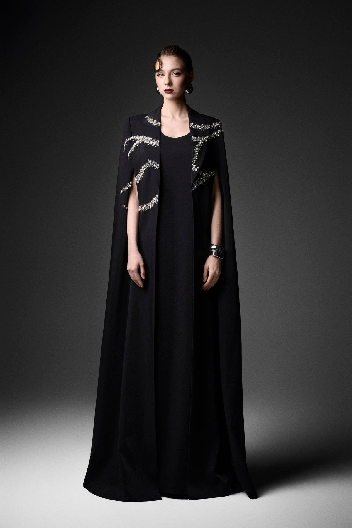 Wave-Embellished Velvet Satin Cape Dress