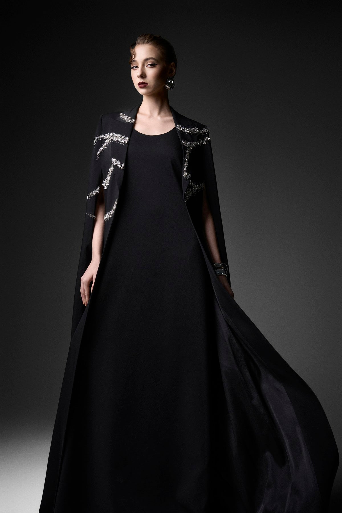 Wave-Embellished Velvet Satin Cape Dress