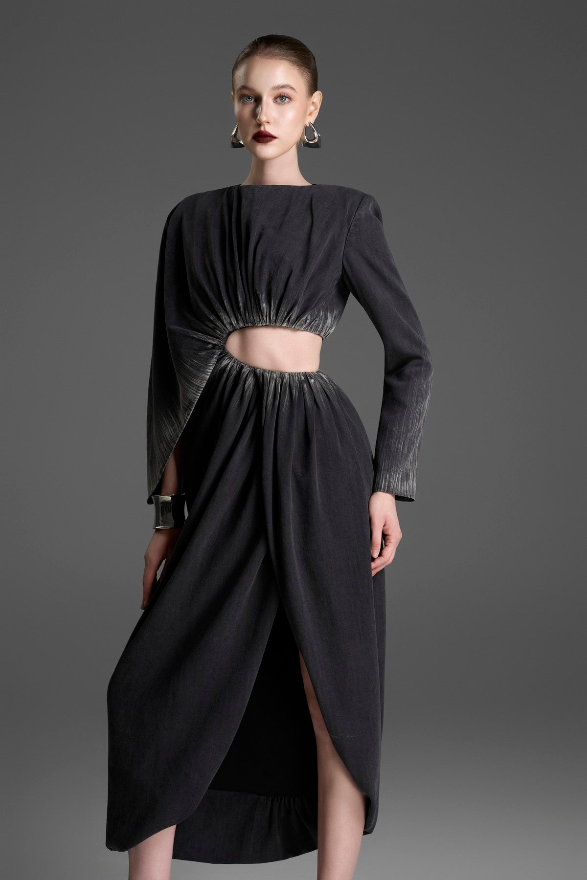 One-Sleeve Column Dress with a Ruched Waist Cutout