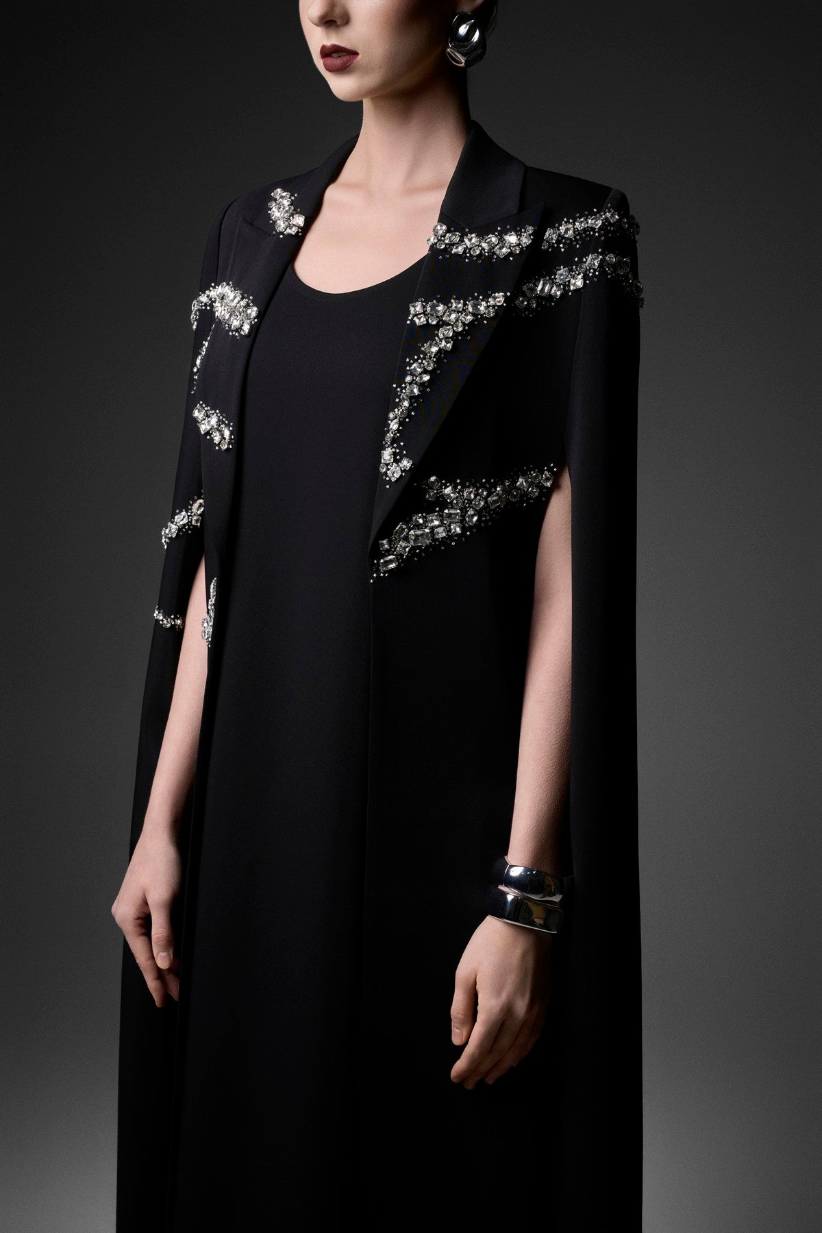 Wave-Embellished Velvet Satin Cape Dress