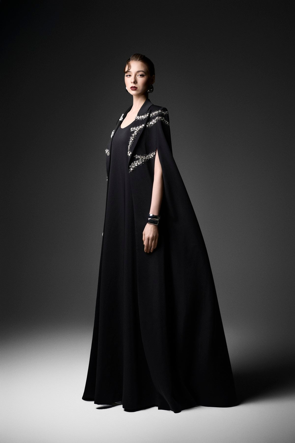 Wave-Embellished Velvet Satin Cape Dress