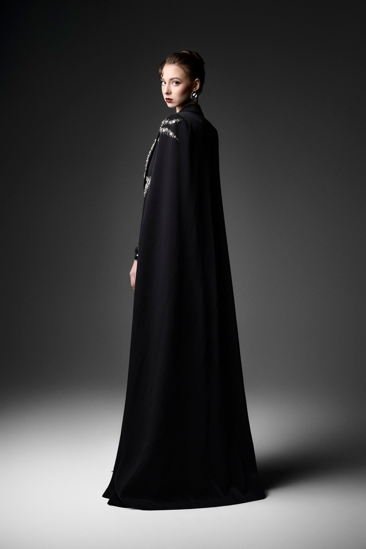 Wave-Embellished Velvet Satin Cape Dress